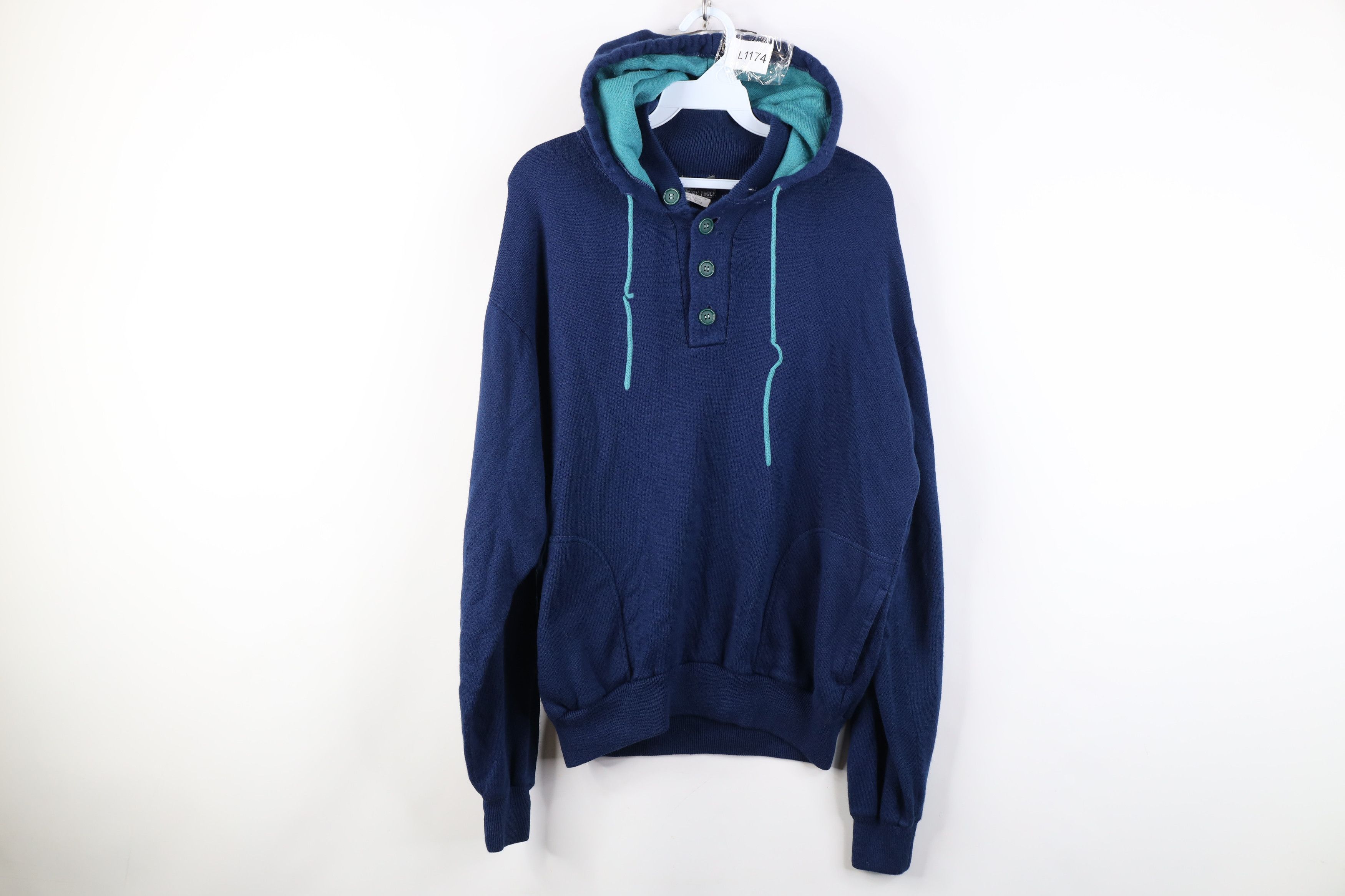 Vintage Vintage 70s Streetwear Hood Knit Hoodie Sweater Blue USA Size US L / EU 52-54 / 3 - 1 Thumbnail