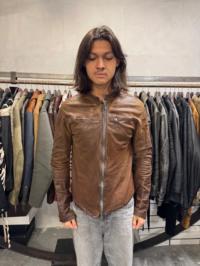 Giorgio Armani 2000s Giorgio Brato Brown Mafia Eroded Leather Jacket Size US M / EU 48-50 / 2 - 2 Thumbnail