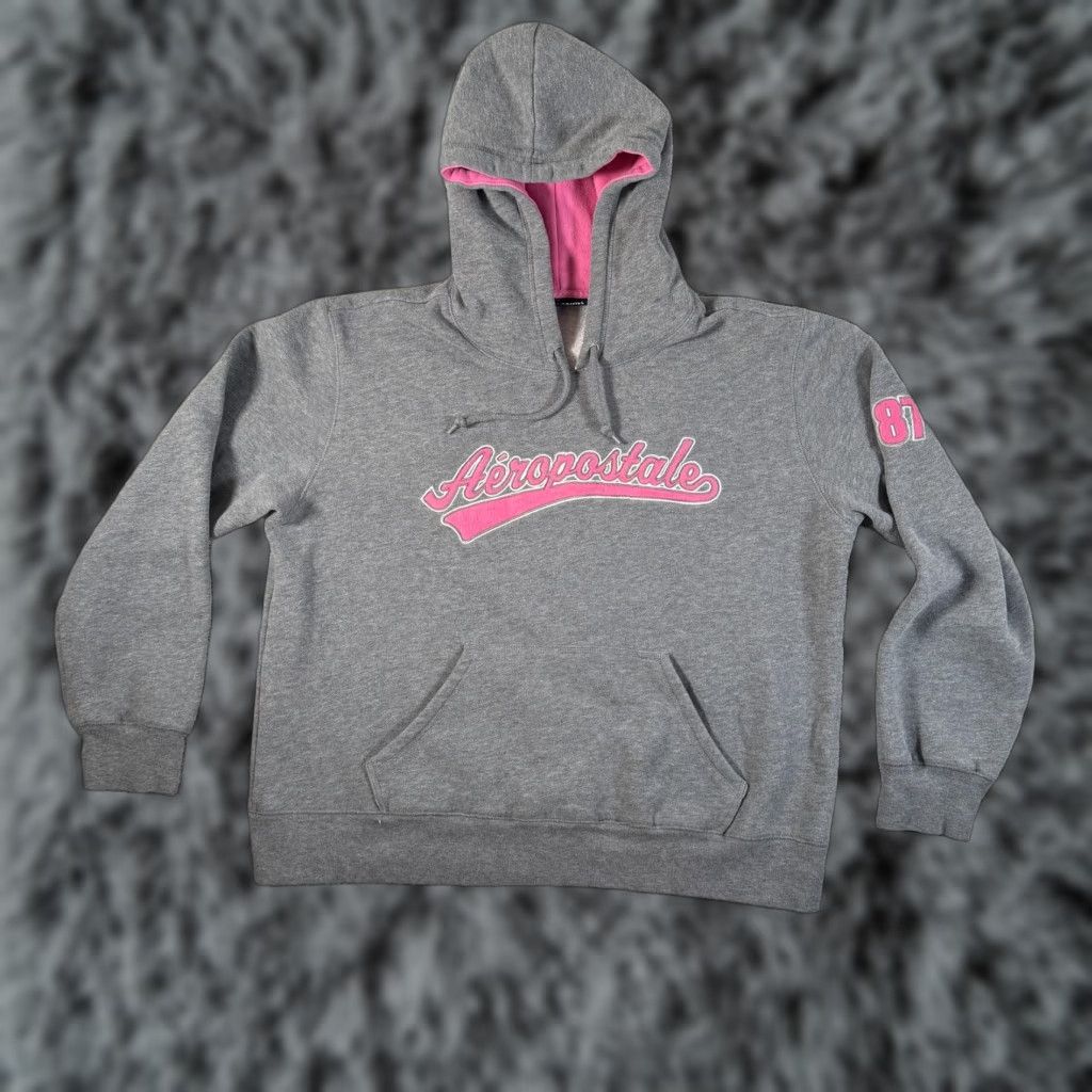Aeropostale VINTAGE Aeropostale Hoodie Women's L Pullover Sleeves Long Sherpa Lined Gray Crew Neck Pockets Graphic Print 87 Skater Retro Sporty Mall Skater Size L / US 10 / IT 46 - 1 Thumbnail