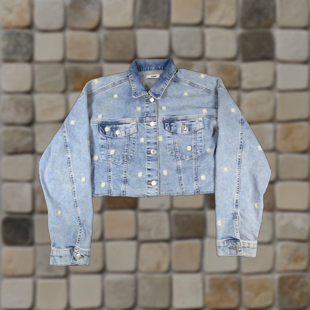 Mavi Mavi Jacket Mens L Blue Denim Cropped Pleated Cotton Short Sleeve Button Jacket Womens Regular Size L Blue Denim Pleated Basic Jacket 90s? Size L / US 10 / IT 46 - 1 Thumbnail