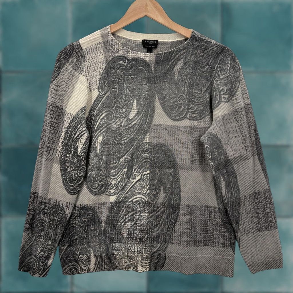 Talbots Talbots Sweater Womens 1X Gray Merino Wool Paisley Plaid Pullover Crewneck Cozy Size XL / US 12-14 / IT 48-50 - 1 Thumbnail