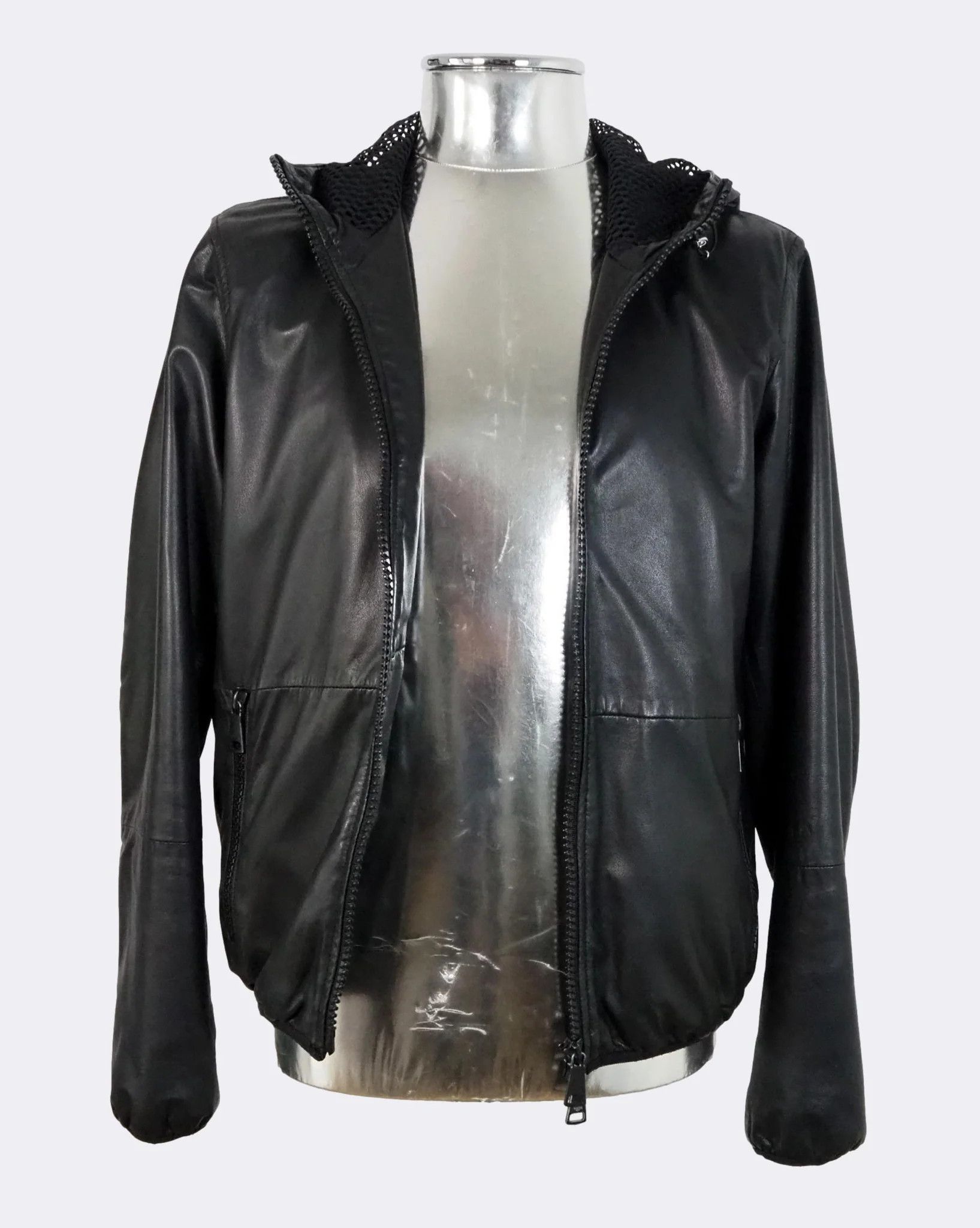 Emporio Armani Emporio Armani Black Hooded Zip-Front Leather Jacket $1125 Size US M / EU 48-50 / 2 - 6 Thumbnail
