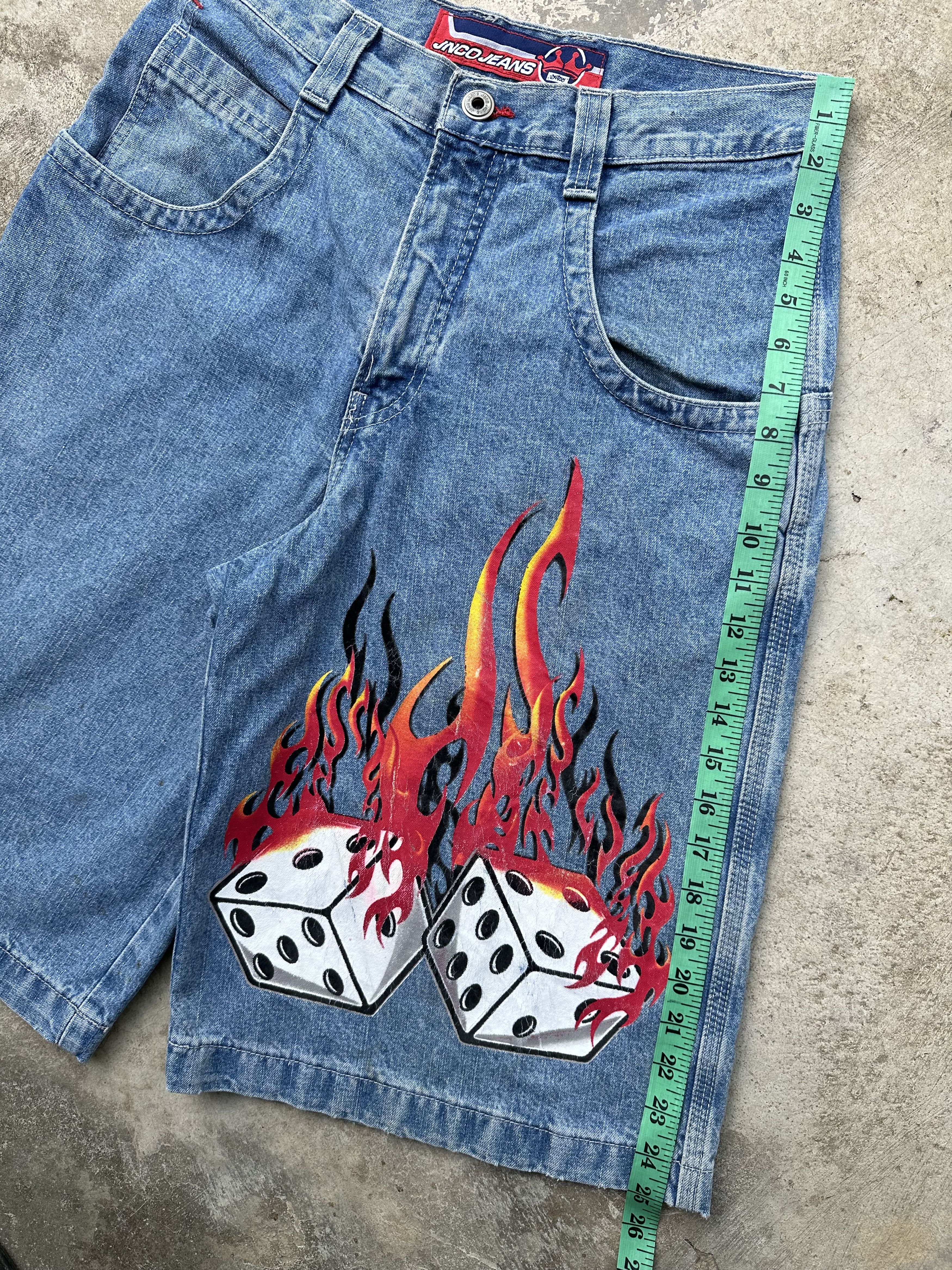 JNCO × Vintage 🔥🔥🔥 90s CRAZY SICK JNCO FLAMING DICE JEANS SHORT JORTS Size US 30 / EU 46 - 9 Thumbnail