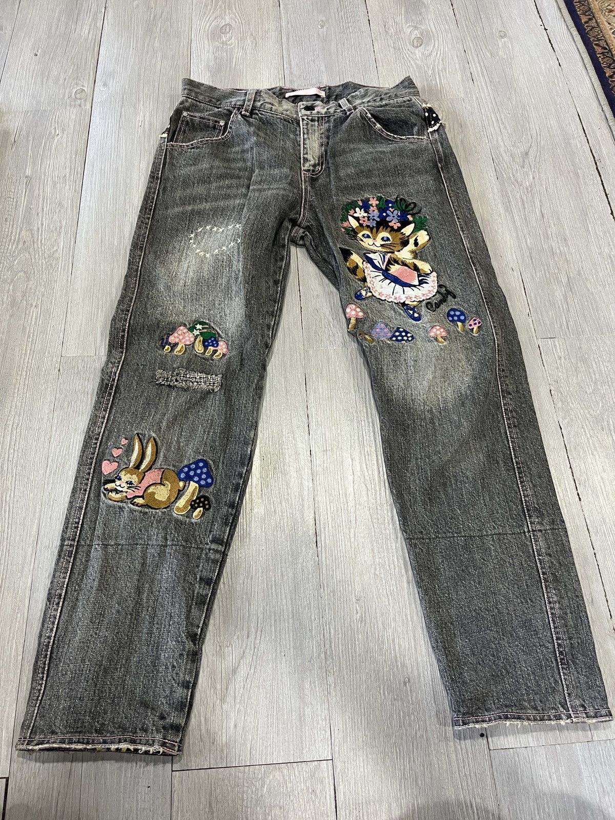 Hysteric Glamour Vintage candy stripper jeans with embroidery Cat & Rabbit Size US 29 - 3 Thumbnail