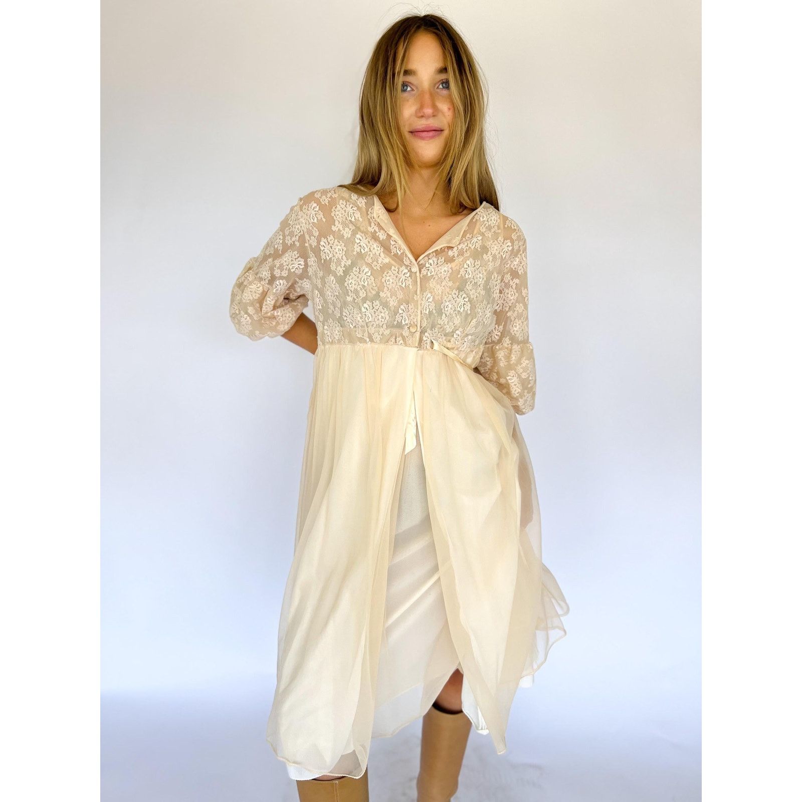 Vintage Vintage Sheer Cream Lace Midi Dress Set Lingerie Streetware Size M / US 6-8 / IT 42-44 - 6 Thumbnail