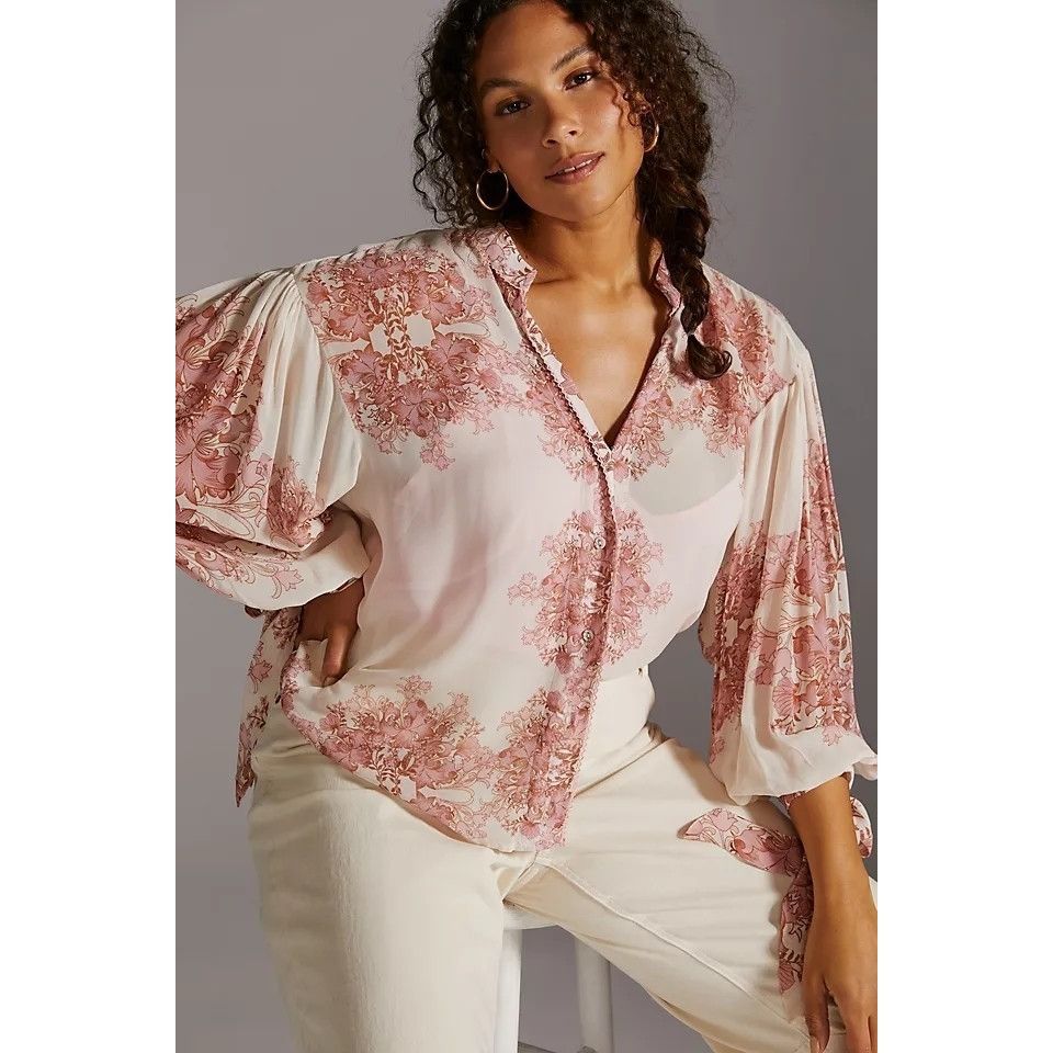 Anthropologie Anthropologie Sheer Ivory Rose Pink Floral Femme Blouse Size XS / US 0-2 / IT 36-38 - 8 Thumbnail