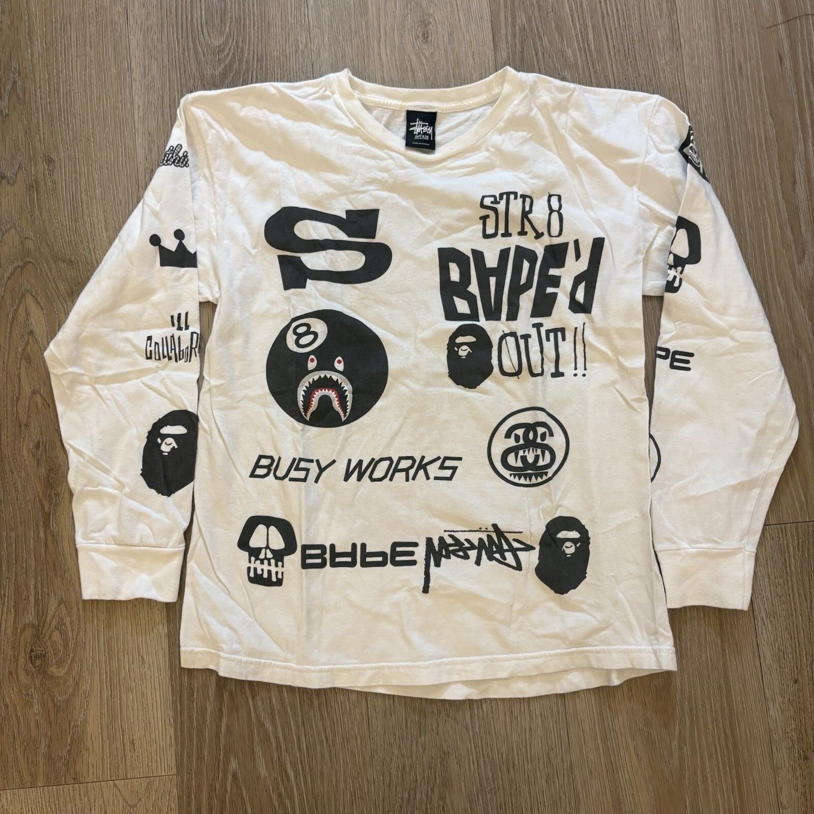 Bape 0029 Bape X Stussy Logos L/S Tee White Medium Size US M / EU 48-50 / 2 - 1 Thumbnail
