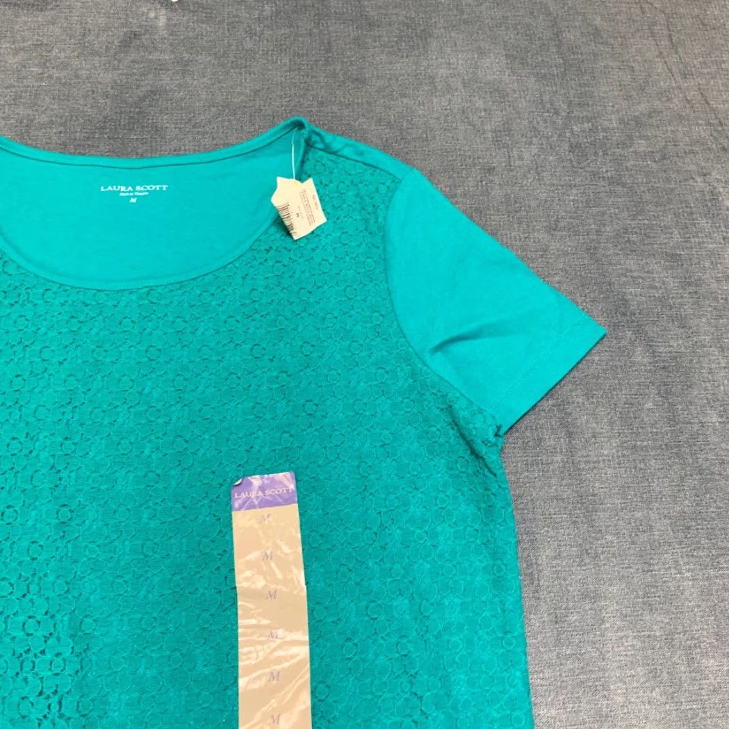Vintage Laura Scott Missy Lace Front Tee Shirt Womens Medium Tropical Green Knit Cotton Shirt Womens Medium Tropical Green Lace Front Tee Shirt Size M / US 6-8 / IT 42-44 - 5 Thumbnail