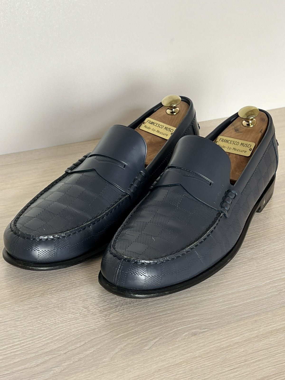 Louis Vuitton Louis Vuitton Damier Embossed Leather Penny Loafers Blue 10 Size US 10 / EU 43 - 3 Thumbnail