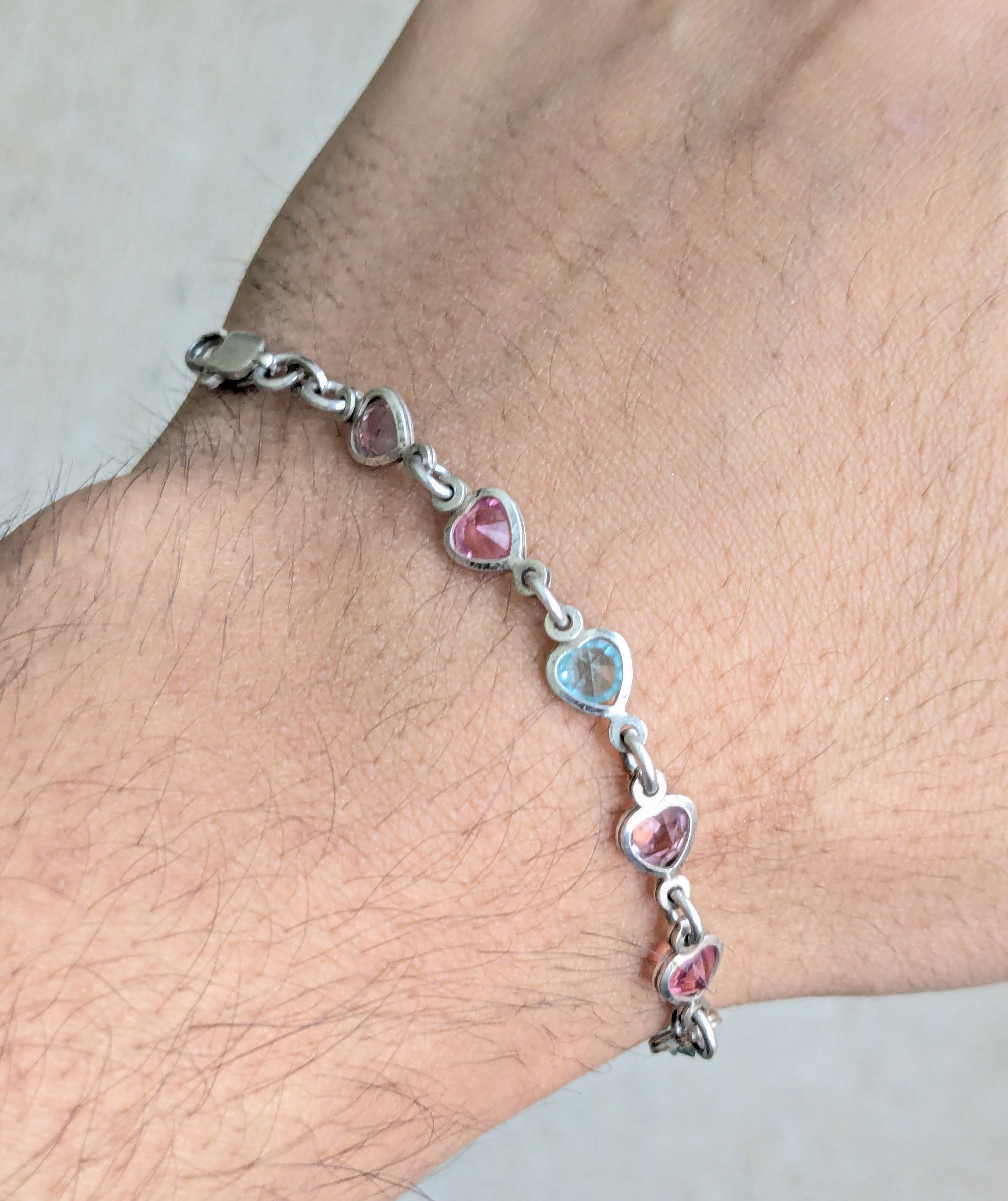 Jewelry Vintage Sterling Silver Bracelet 7.25" Italy Rainbow Hearts Size ONE SIZE - 8 Thumbnail