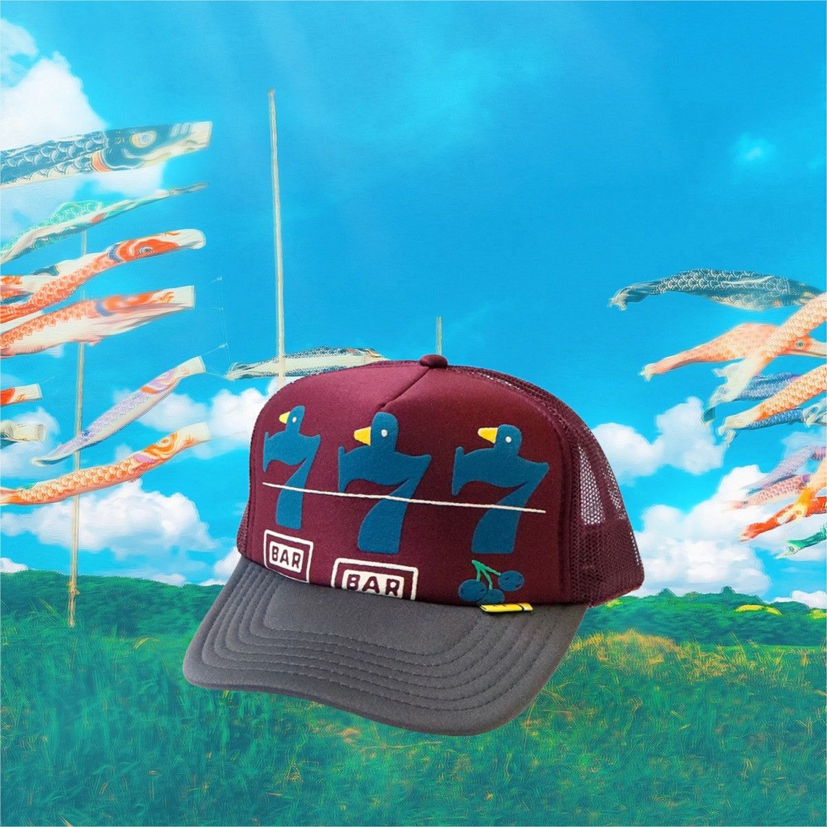 image of New! Kapital Lucky Battery Bird Trucker Cap Hat Truck in Burgandy, Men's
