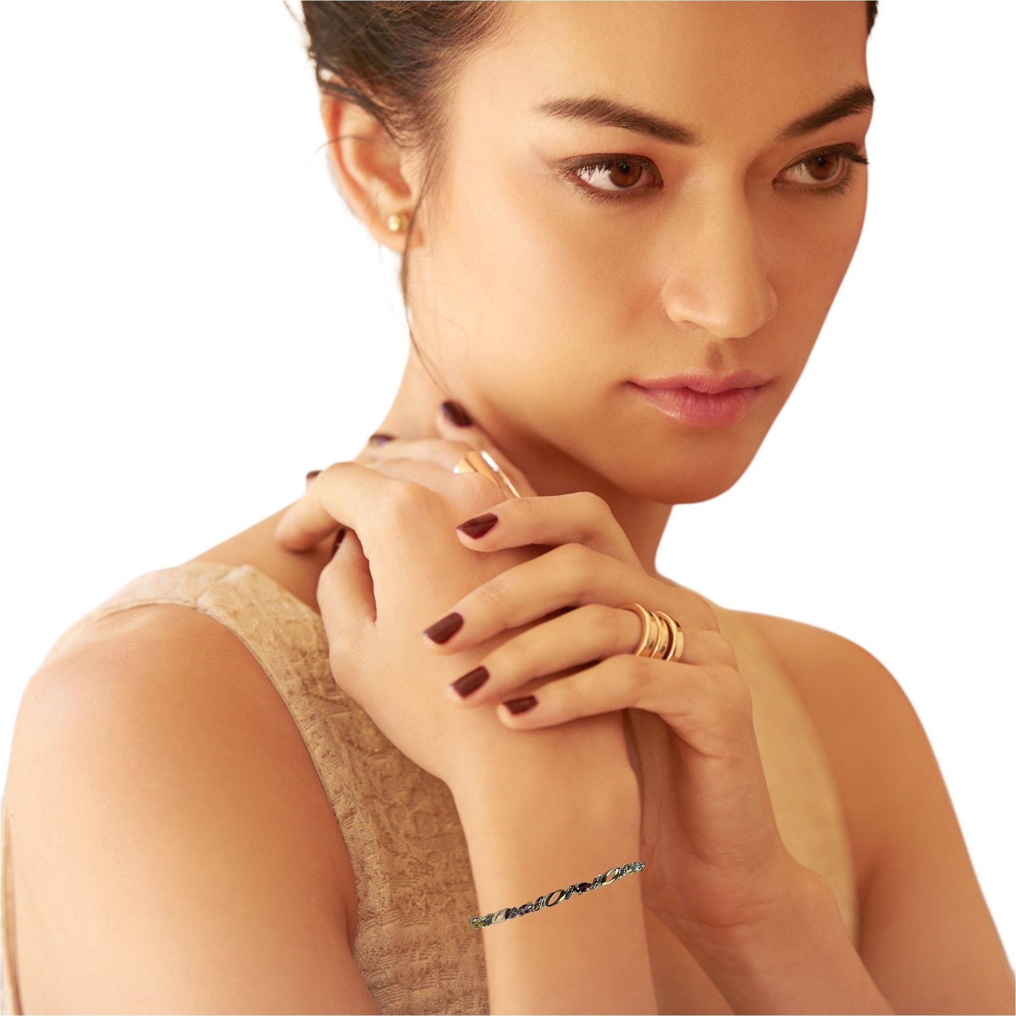 Designer Vermeil Silver Multi-Gemstone Link Gold Color Bracelet With Size ONE SIZE - 2 Thumbnail
