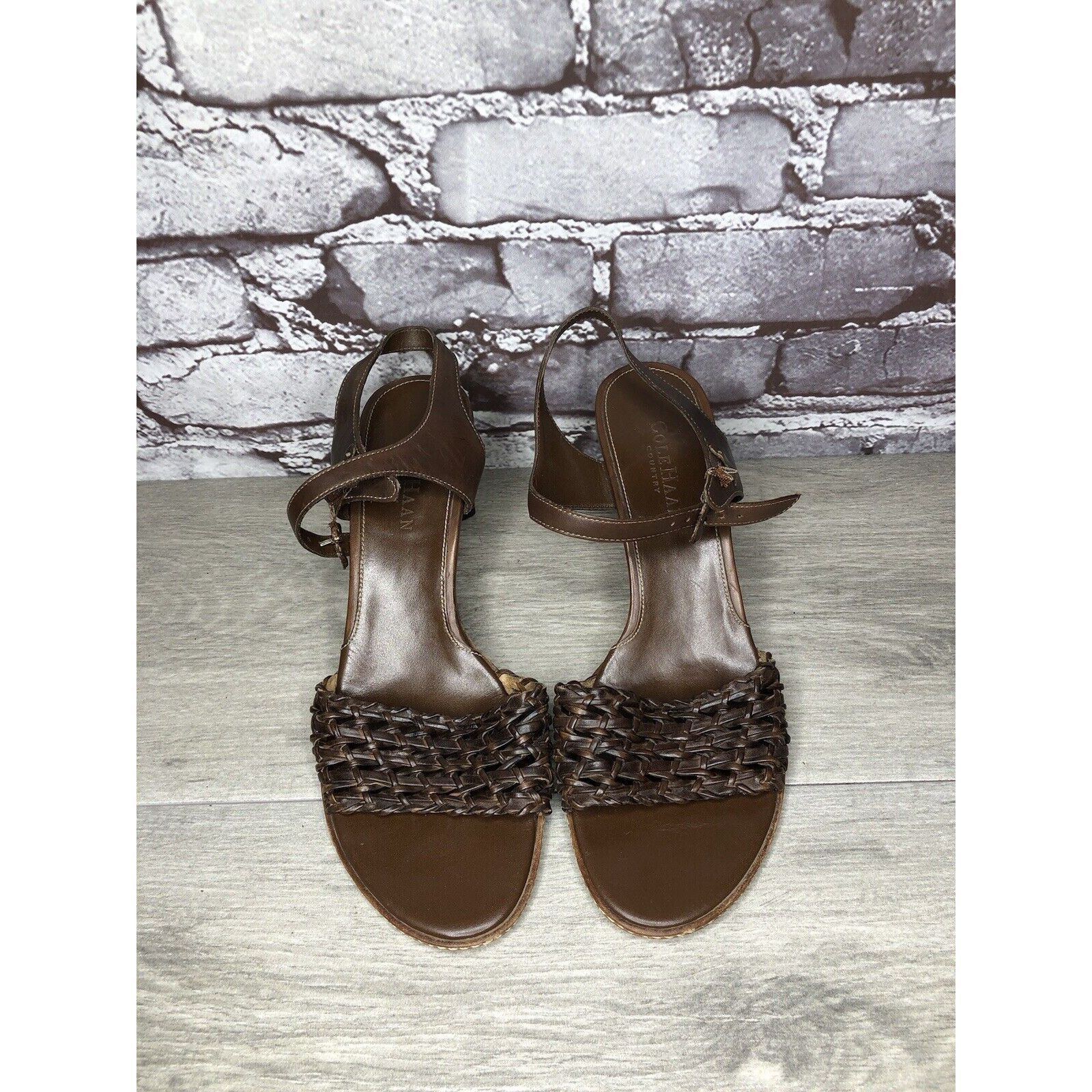 Cole Haan Cole Haan Brown Leather Woven Heel AnkleStrap Sandals Women Size US 7.5 / IT 37.5 - 18 Thumbnail