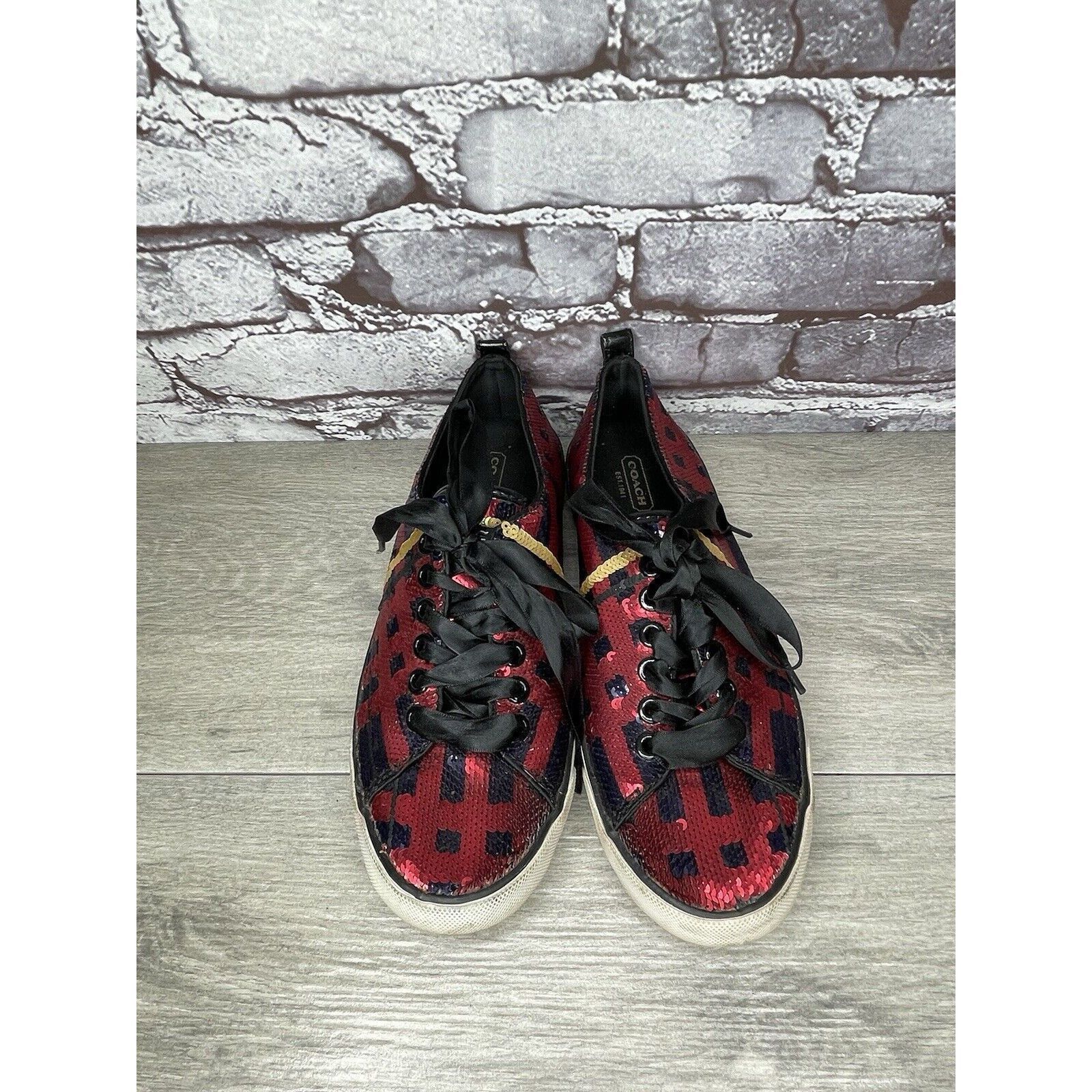Coach Coach Willa Sequin Black Red Plaid Casual Ribbon Lace Sneake Size US 7.5 / IT 37.5 - 4 Thumbnail