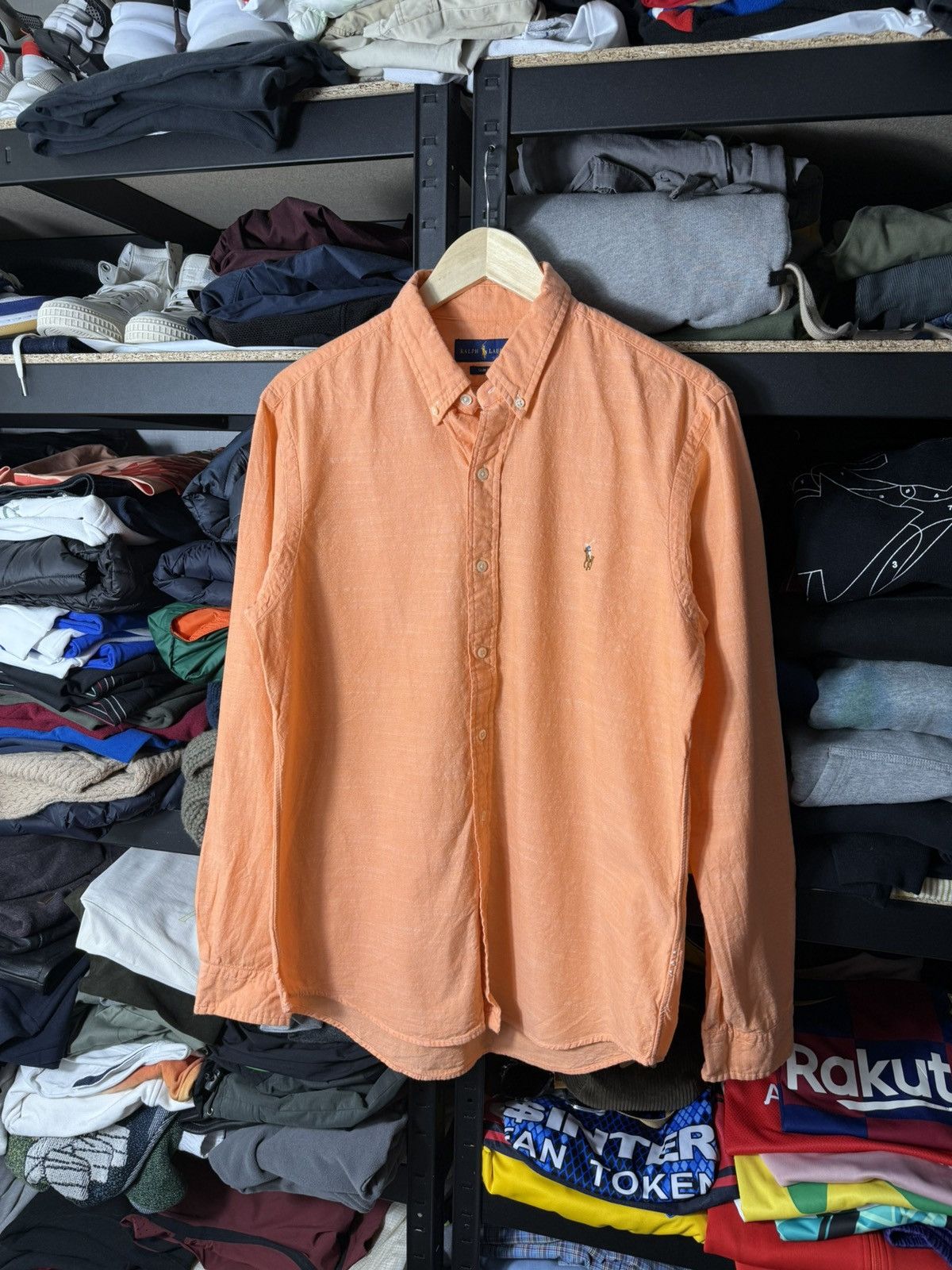 Ralph Lauren Shirt Orange Cotton Linen Feel Slim Button Down