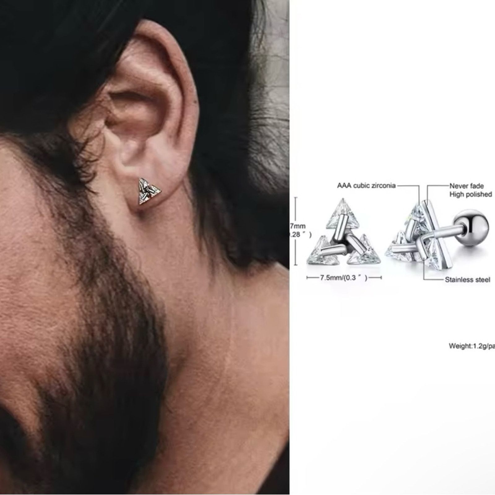 Other Men Stud Earring ,Triangle Pierced Crystal Zircon Stud Size ONE SIZE - 5 Thumbnail