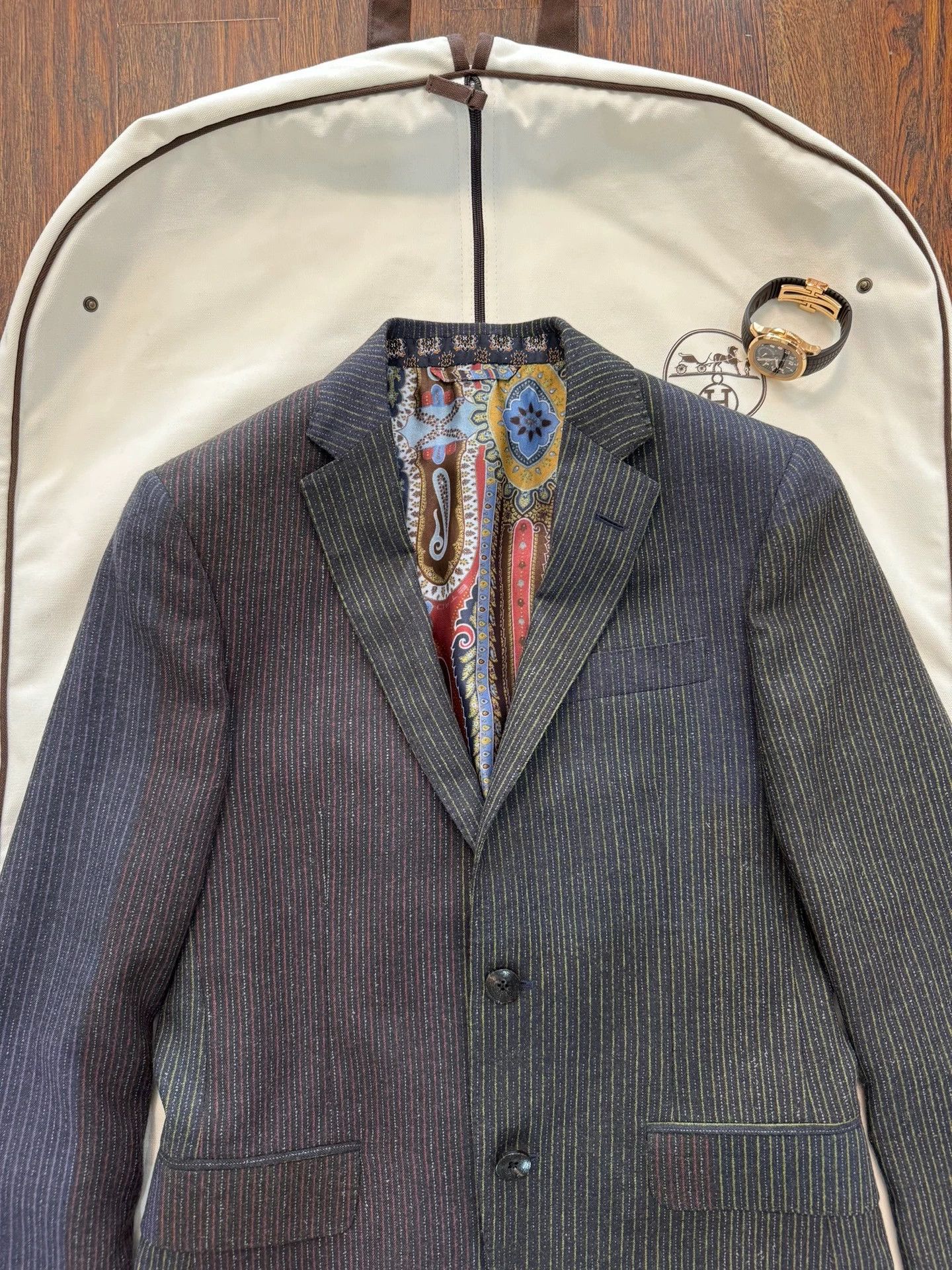 Etro Etro Intarsia Stripe Wool Suit 46 w/ Cascading Flower Lining Size 46R - 3 Thumbnail