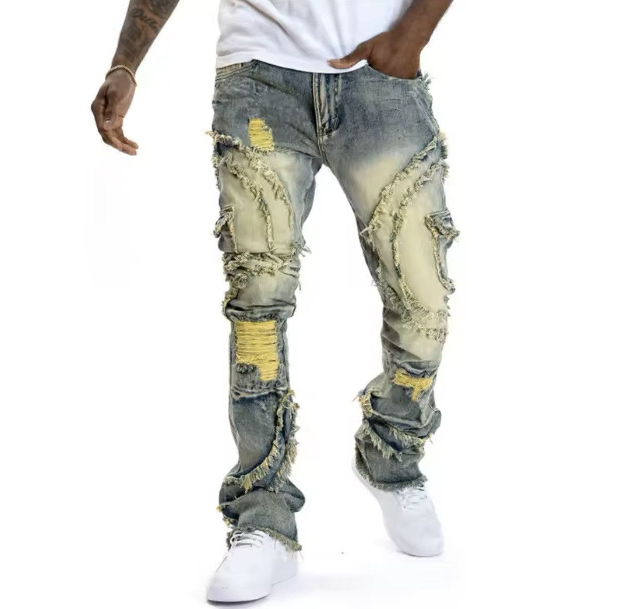 Japanese Brand × Vintage Men Ripped Stacked Jeans Distressed Slim Fit Size US 35 - 1 Thumbnail