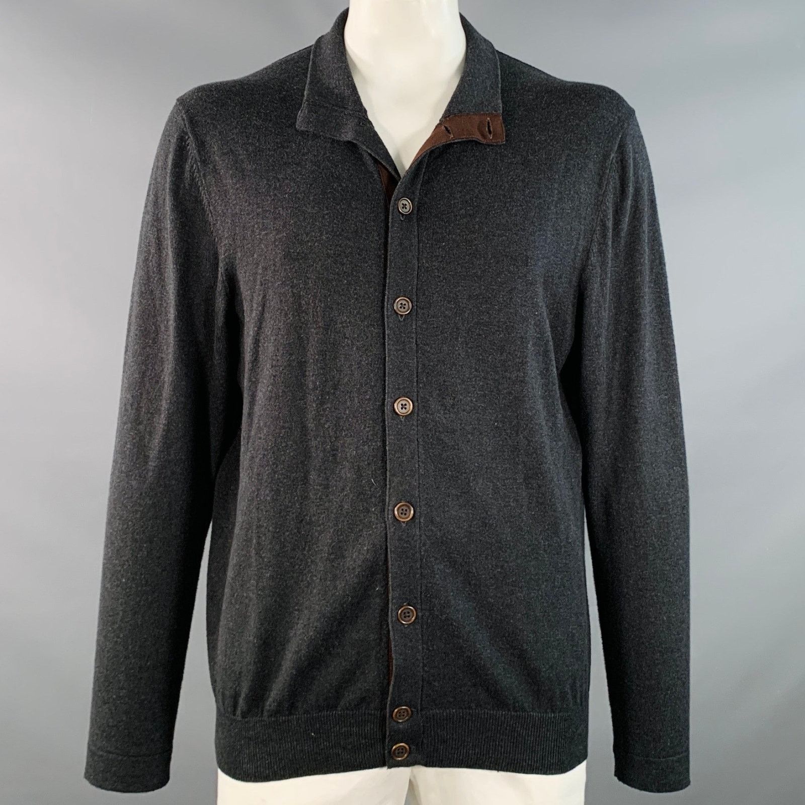 Robert Talbott Size XL Grey Brown Contrast Trim Cotton Cashmere Cardigan Size US XL / EU 56 / 4 - 1 Thumbnail