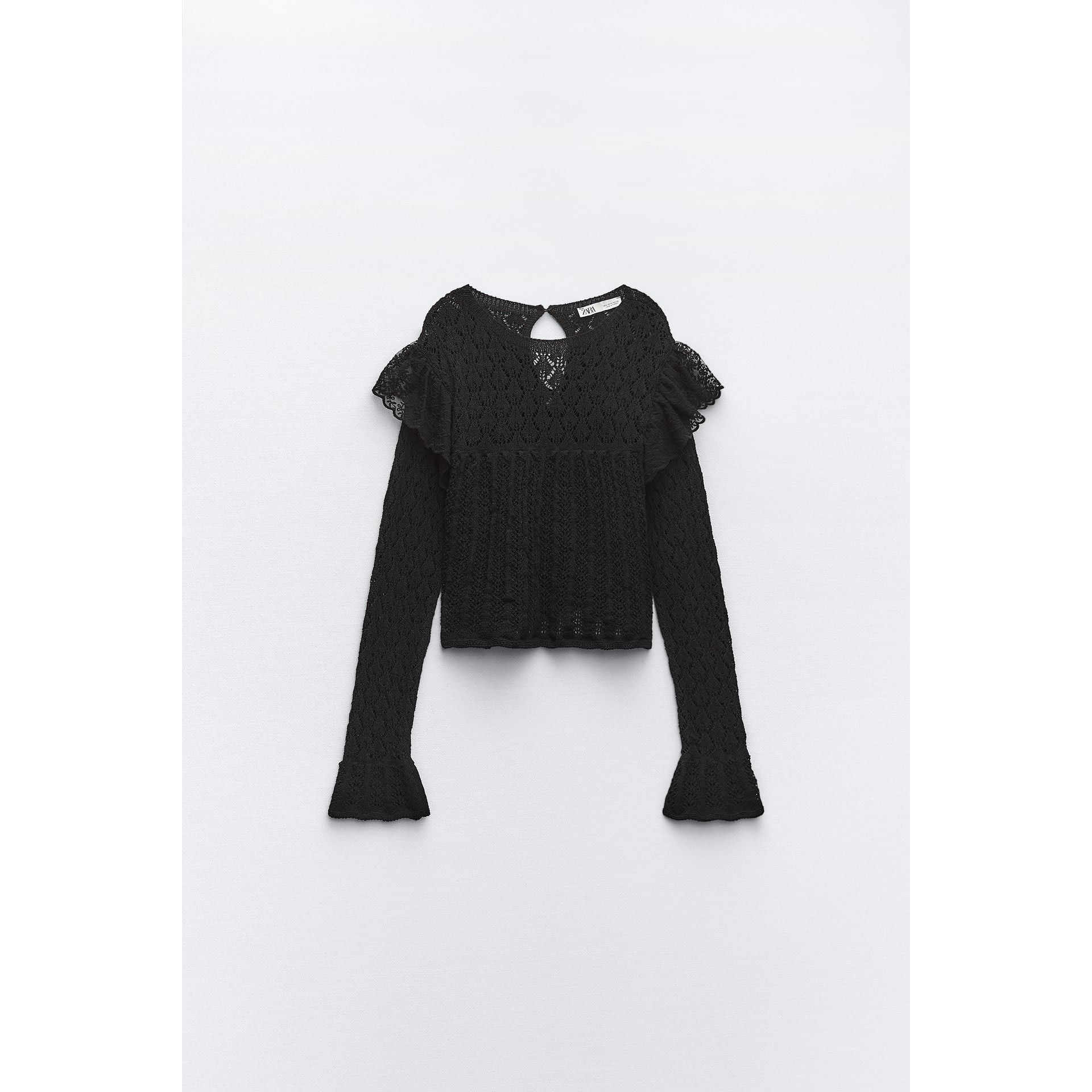 Zara Zara Black Pointelle Ruffle Long Sleeve Semi Crop Top Size S / US 4 / IT 40 - 5 Thumbnail