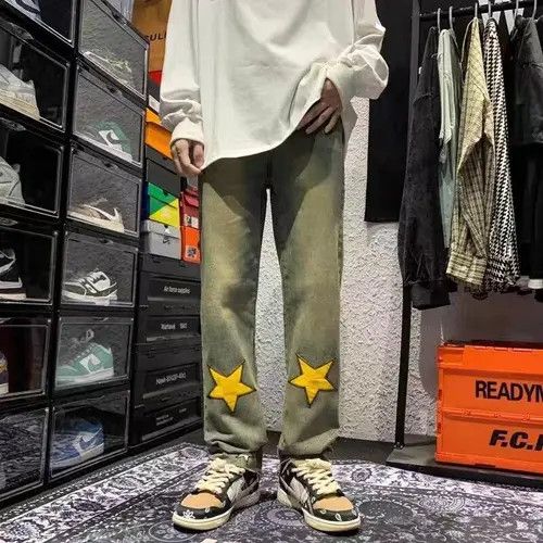 image of Retro Yellow Mud Color Design Star Embroidered Jeans, Men's (Size 32)
