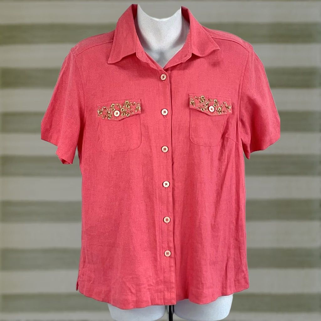 Vintage ERiKa Linen Top S Coral Embroidered Pockets ButtonUp Beaded Cottage Classic Shirt Womens XS? Size S / US 4 / IT 40 - 1 Thumbnail