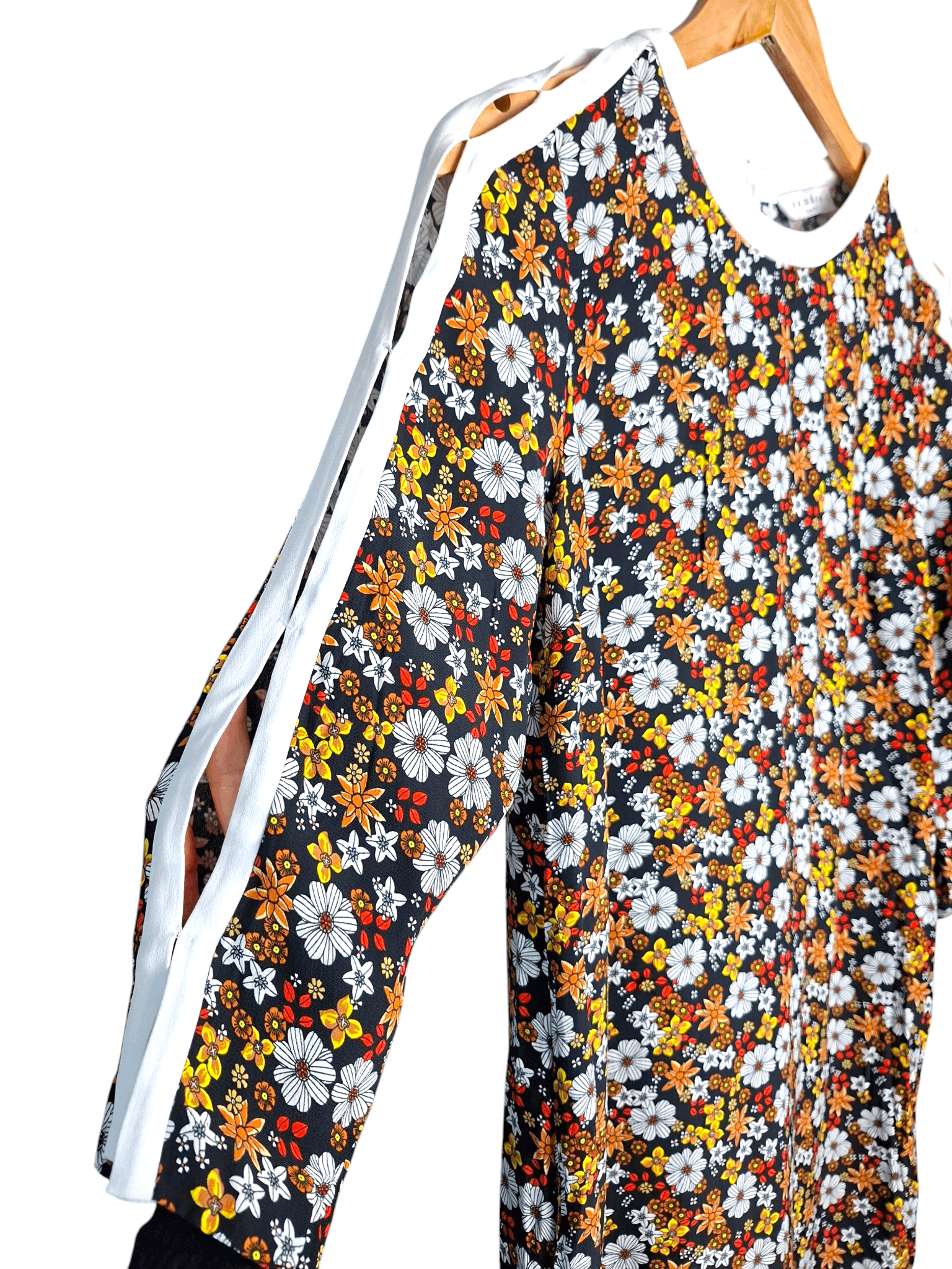 Sandro SANDRO Paris Floral Mini Dress White Trim Split Sleeve Retro Size XS / US 0-2 / IT 36-38 - 3 Thumbnail