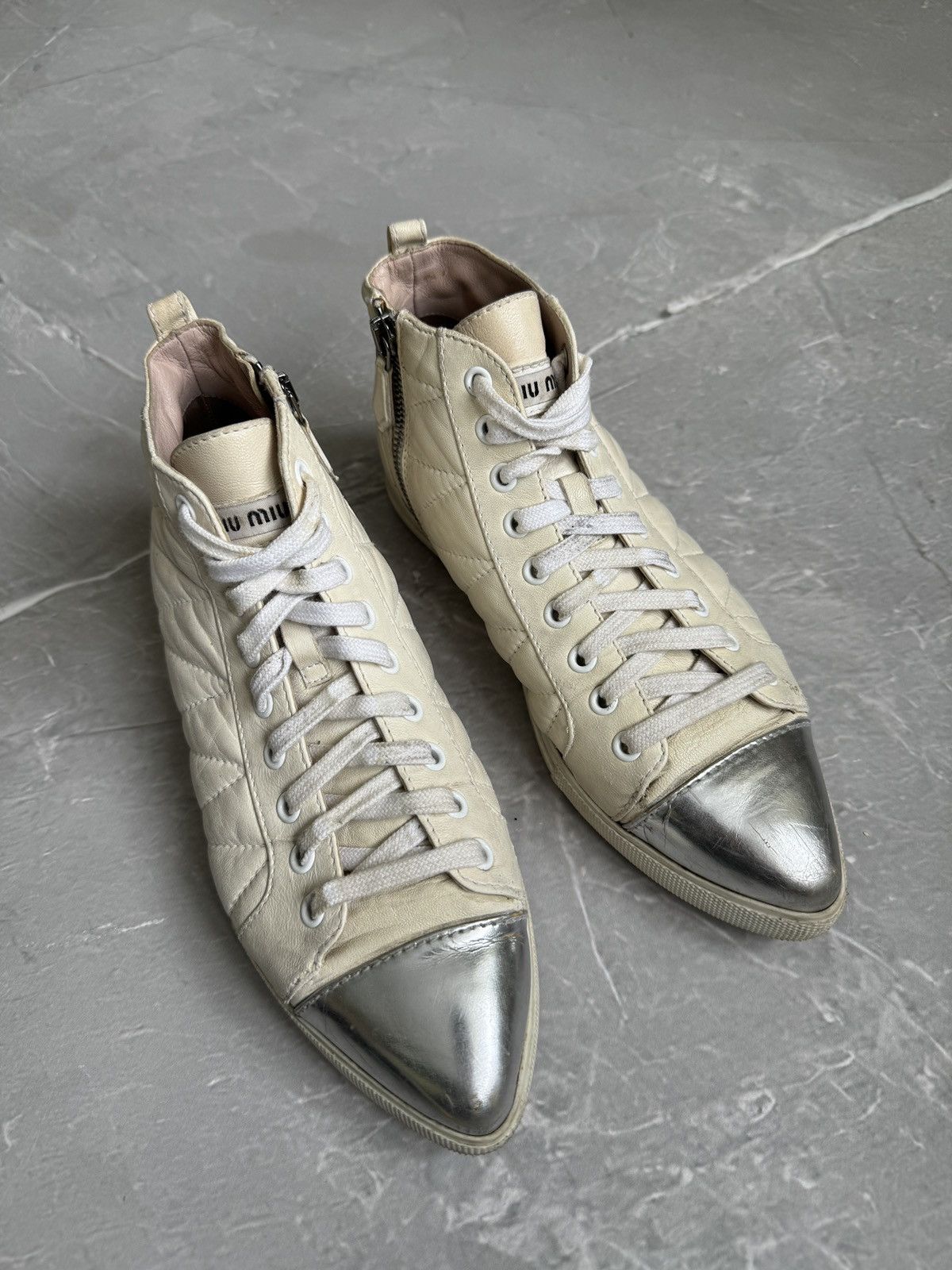 Miu Miu Miu Miu Hi Tip Sneakers Pointed Toe Leather Distressed Size US 6.5 / IT 36.5 - 1 Thumbnail
