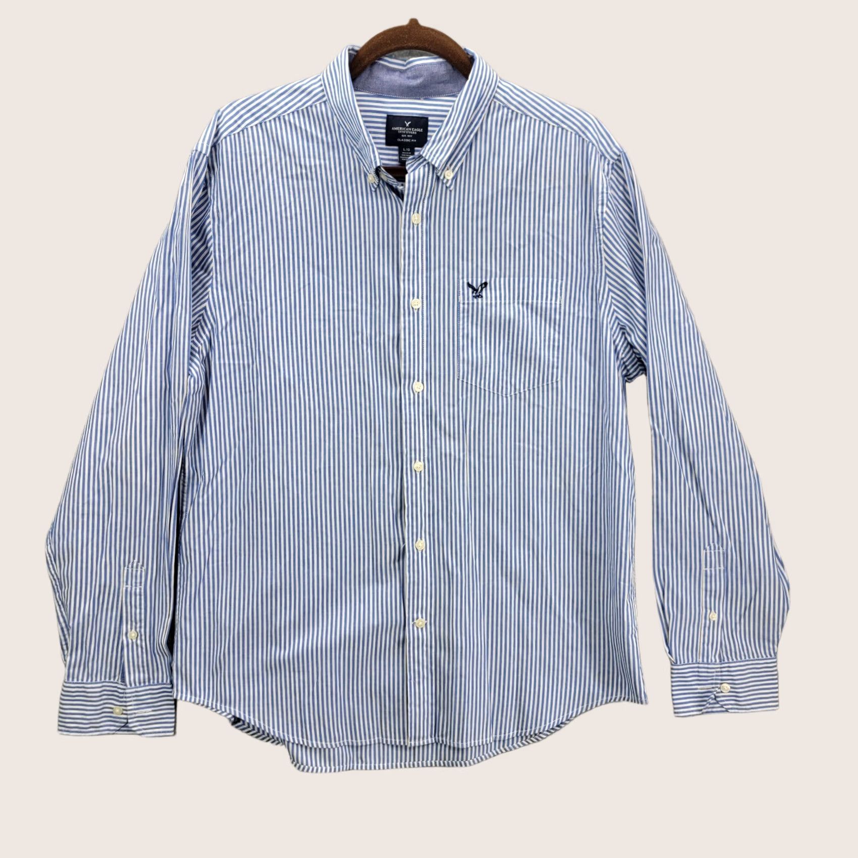 American Eagle Outfitters American Eagle Outfitters Shirt Mens L Blue Classic Fit Striped Button-Up Collar Down Long Sleeve Size US L / EU 52-54 / 3 - 1 Thumbnail
