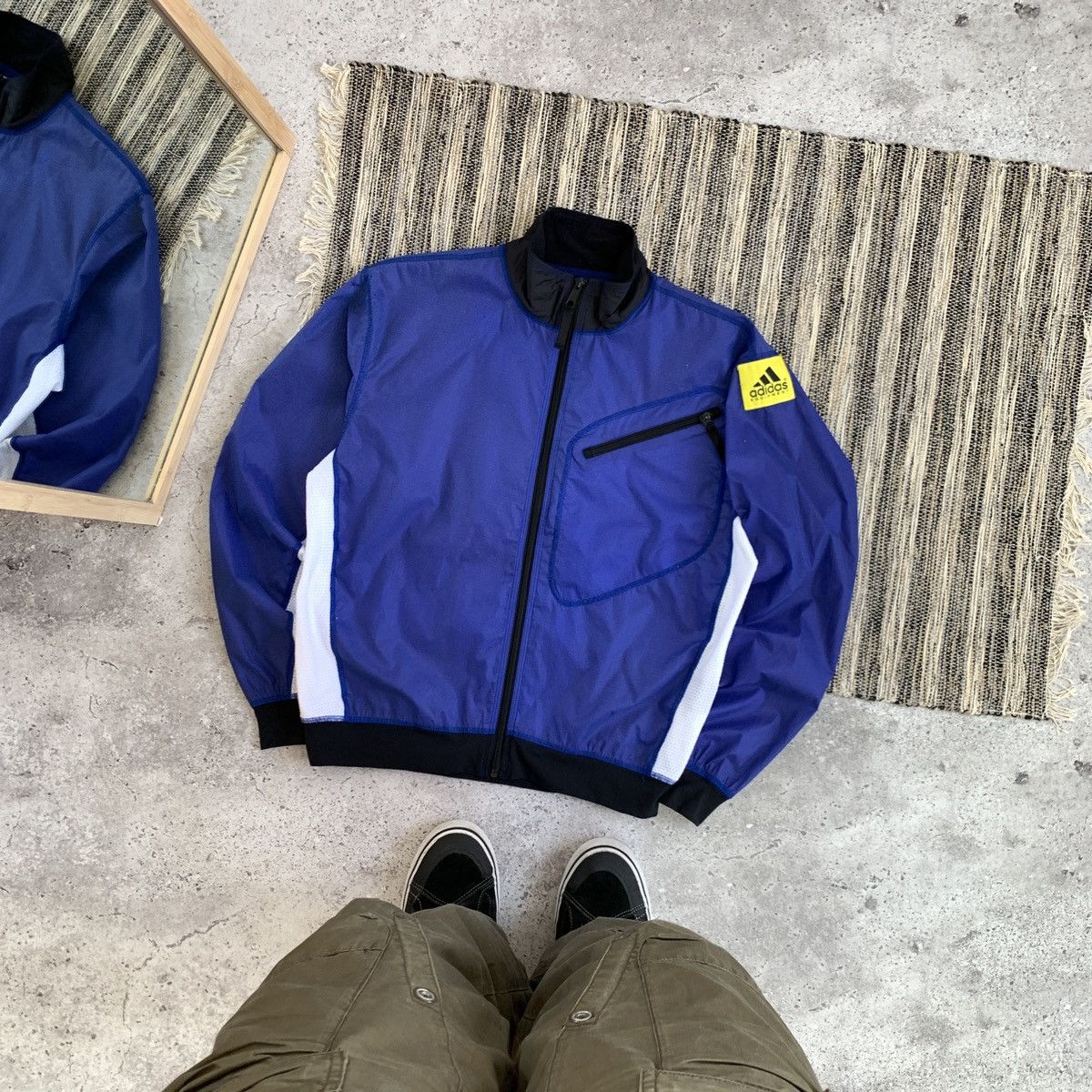 VTG 90s 'ADIDAS' ABSTRACT ART BLUE COLOURFUL FULL ZIP LINED SHELL JACKET M/L