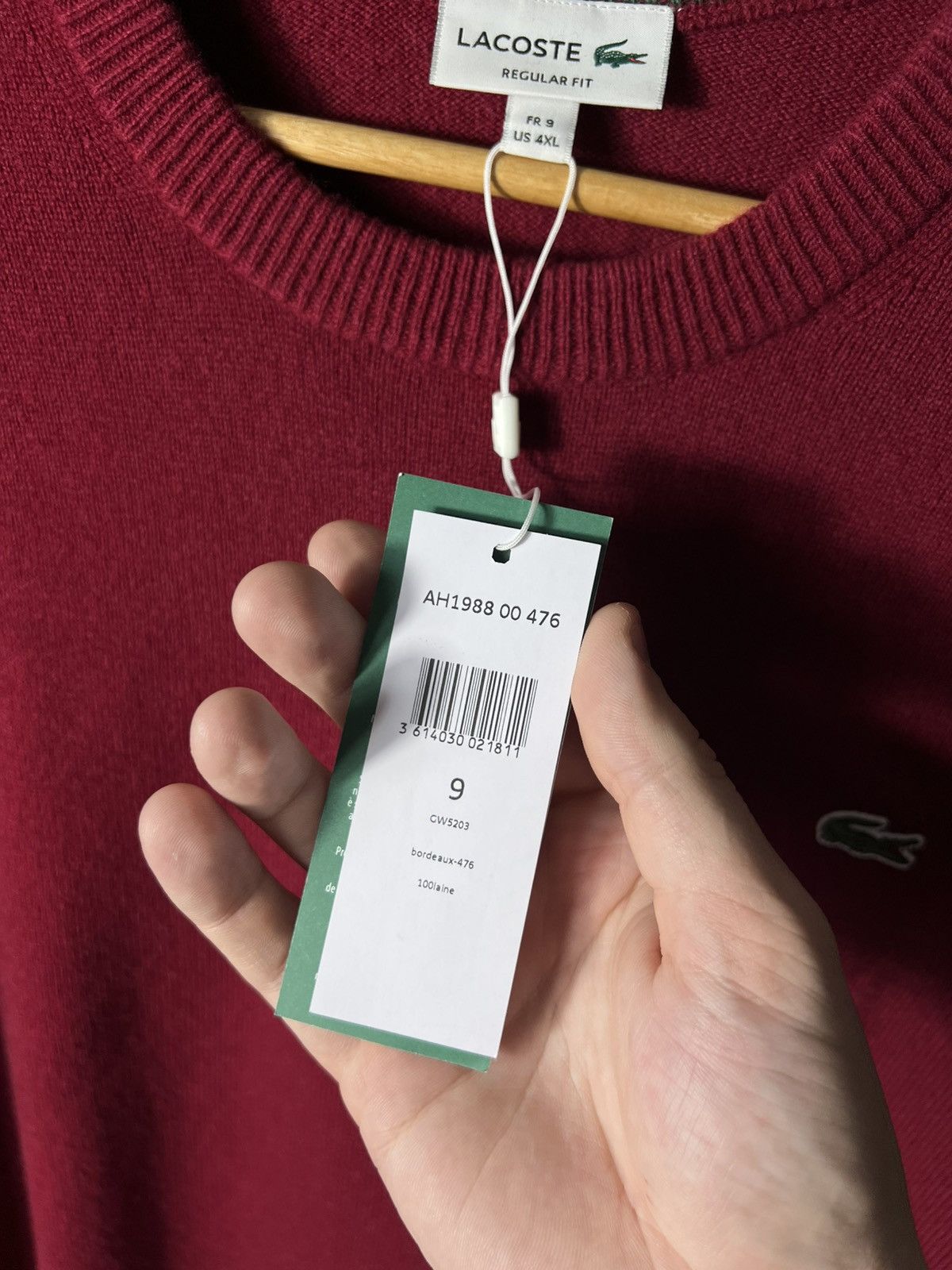 Lacoste 🔥 LACOSTE Wool Crewneck Sweater Burgundy Crocodile Logo 4XL Size US XXL / EU 58 / 5 - 9 Thumbnail