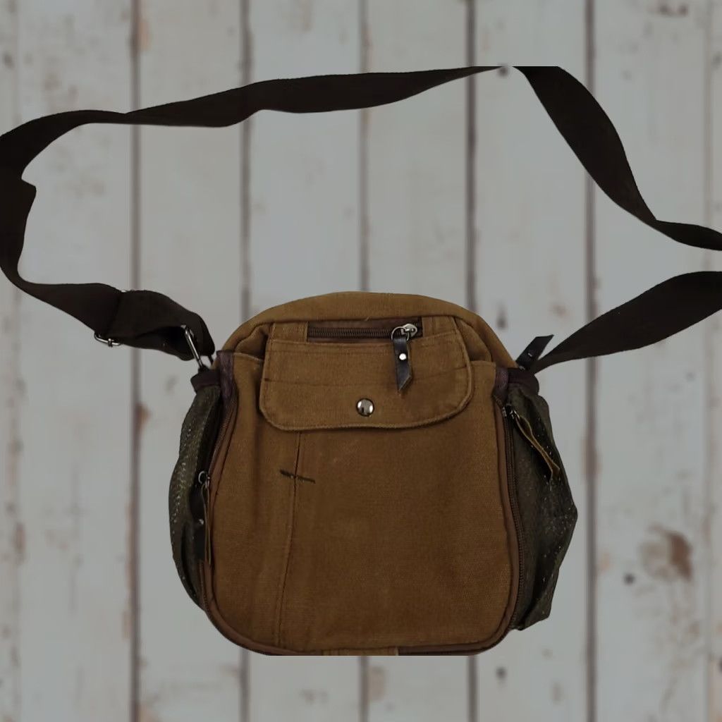 Vintage VINTAGE Canvas Shoulder Bag Crossbody 90s Travel Multi Pocket Brown Mens Vintage Bag Adjustable Strap Size ONE SIZE - 1 Thumbnail