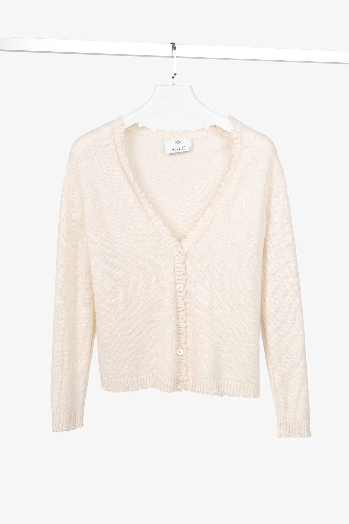 Allude Cream Wool & Cashmere Distressed V-Neck Cardigan