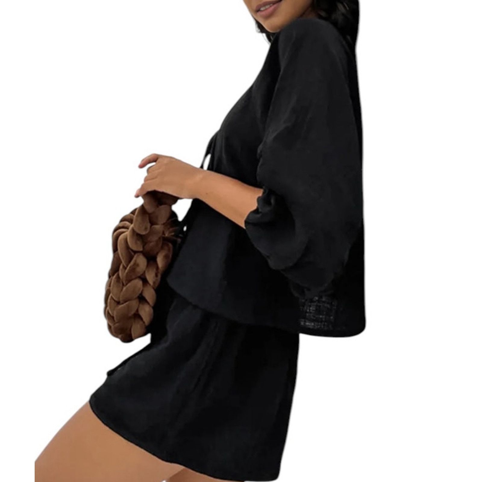 Other Commense Women Black Cotton Tie-Front Long Sleeve Shorts Set Size 26" / US 2 / IT 38 - 4 Thumbnail