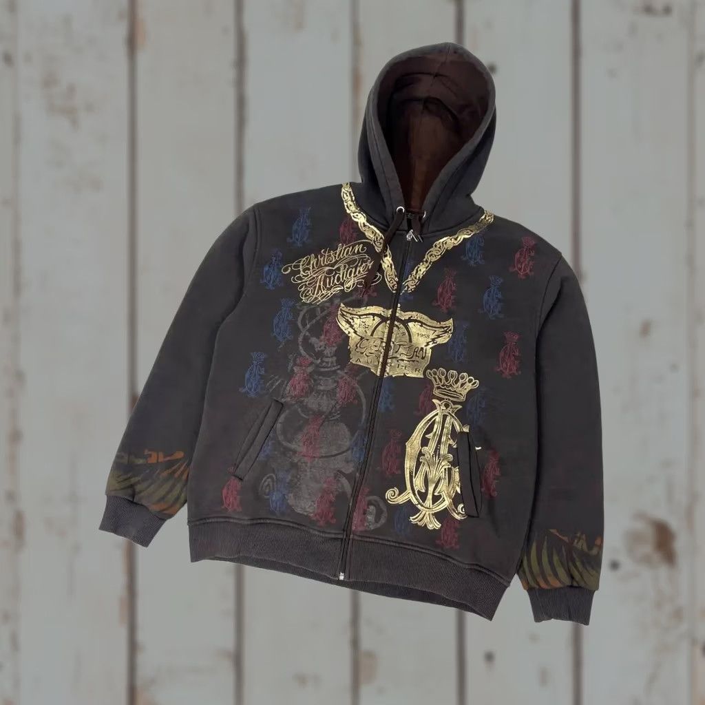 Vintage VINTAGE Christian Audigier Hoodie Full Zip Mens 2XL Brown 90s Love Full Zip Hooded Sweatshirt Brown 90s Size US XXL / EU 58 / 5 - 1 Thumbnail