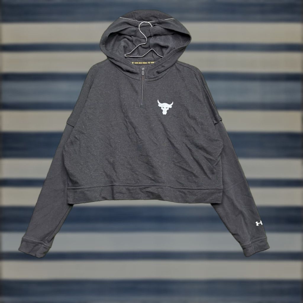 Under Armour Under Armour Project Rock Hoodie Womens Large Cropped Pullover Zip Sweatshirt Crew Neck Knit Logo Black CU Size L / US 10 / IT 46 - 1 Thumbnail