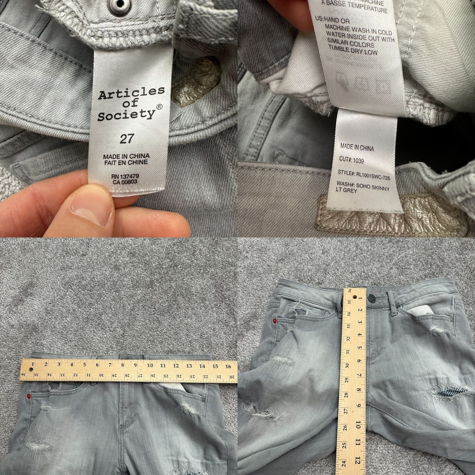 Vintage Articles of Society Skinny Jeans Womens 27 Gray Mid Rise Distressed Regular Fit Size 27" / US 4 / IT 40 - 8 Thumbnail