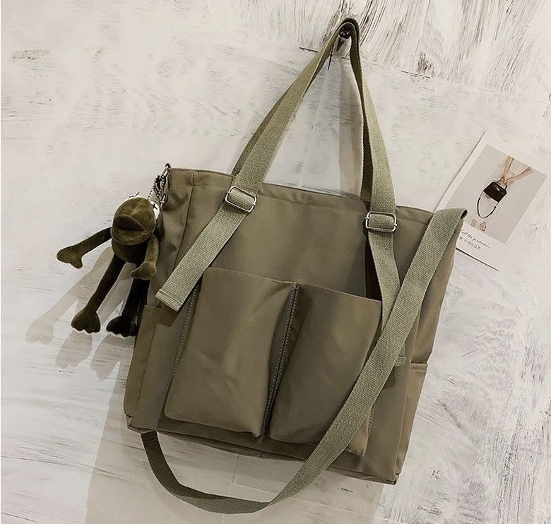 Japanese Brand Green Color Simple Fashion Nylon Canvas Tote Bag Size ONE SIZE - 2 Thumbnail