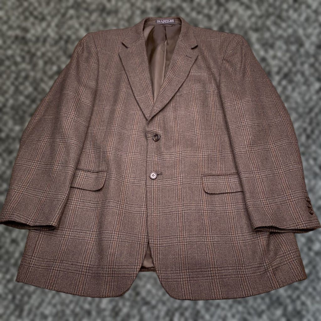Vintage VINTAGE Bert Pulitzer Blazer Jacket Brown Plaid Wool 46 Long Single-Breasted Notch Lapel Men Regular Suit Coat Size 46R - 1 Thumbnail