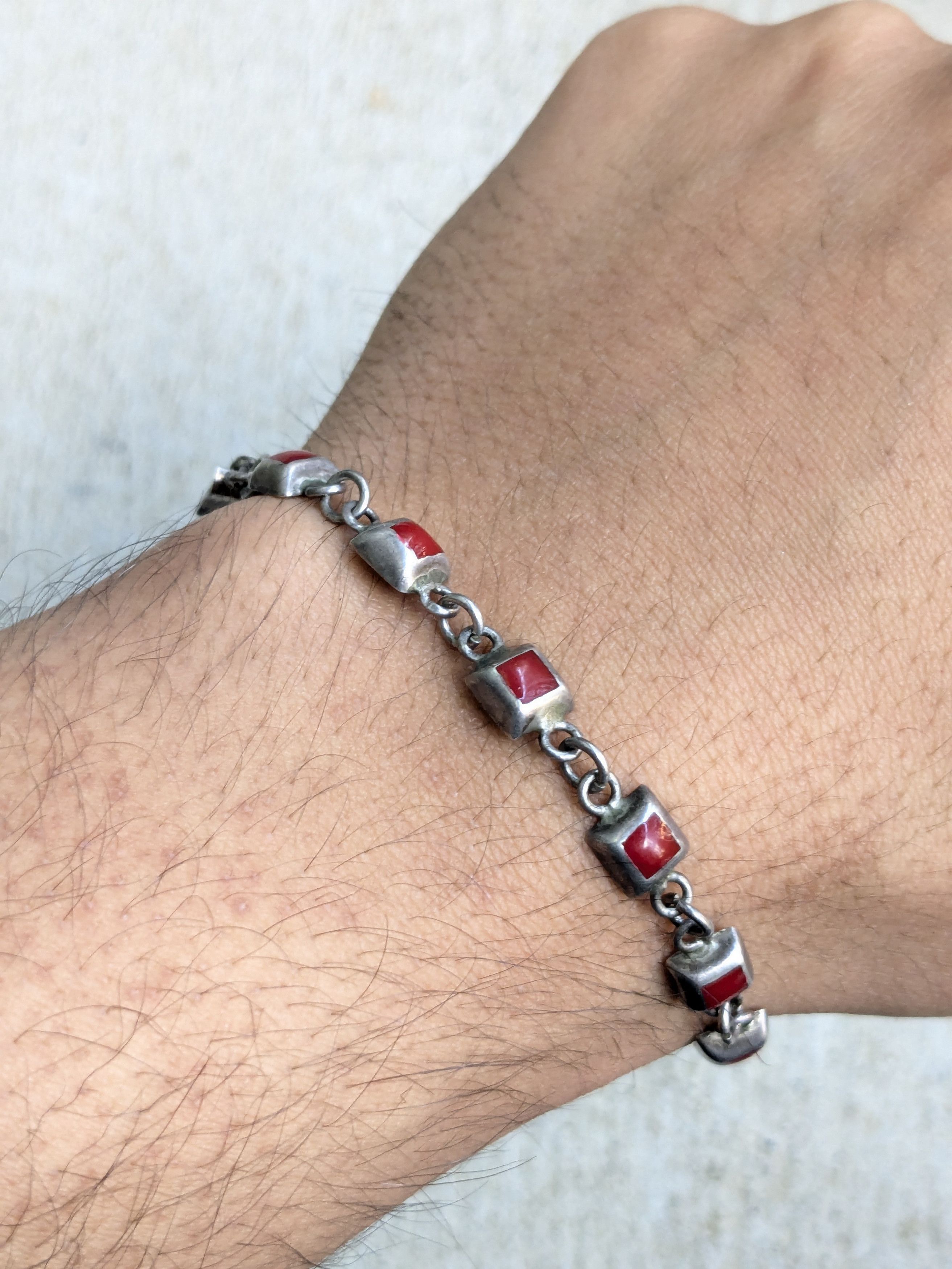 Jewelry Vintage Sterling Silver Bracelet Red Enamel Square Mexico Size ONE SIZE - 9 Thumbnail