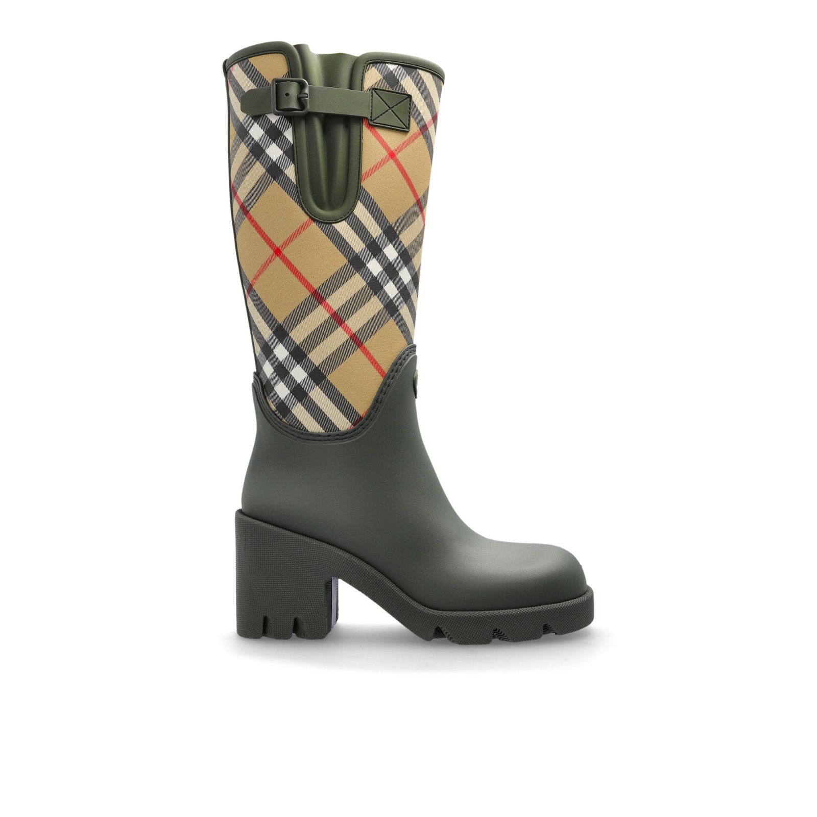 BURBERRY Marsh 90 mm Heel Wellington Green Rubber Boots New