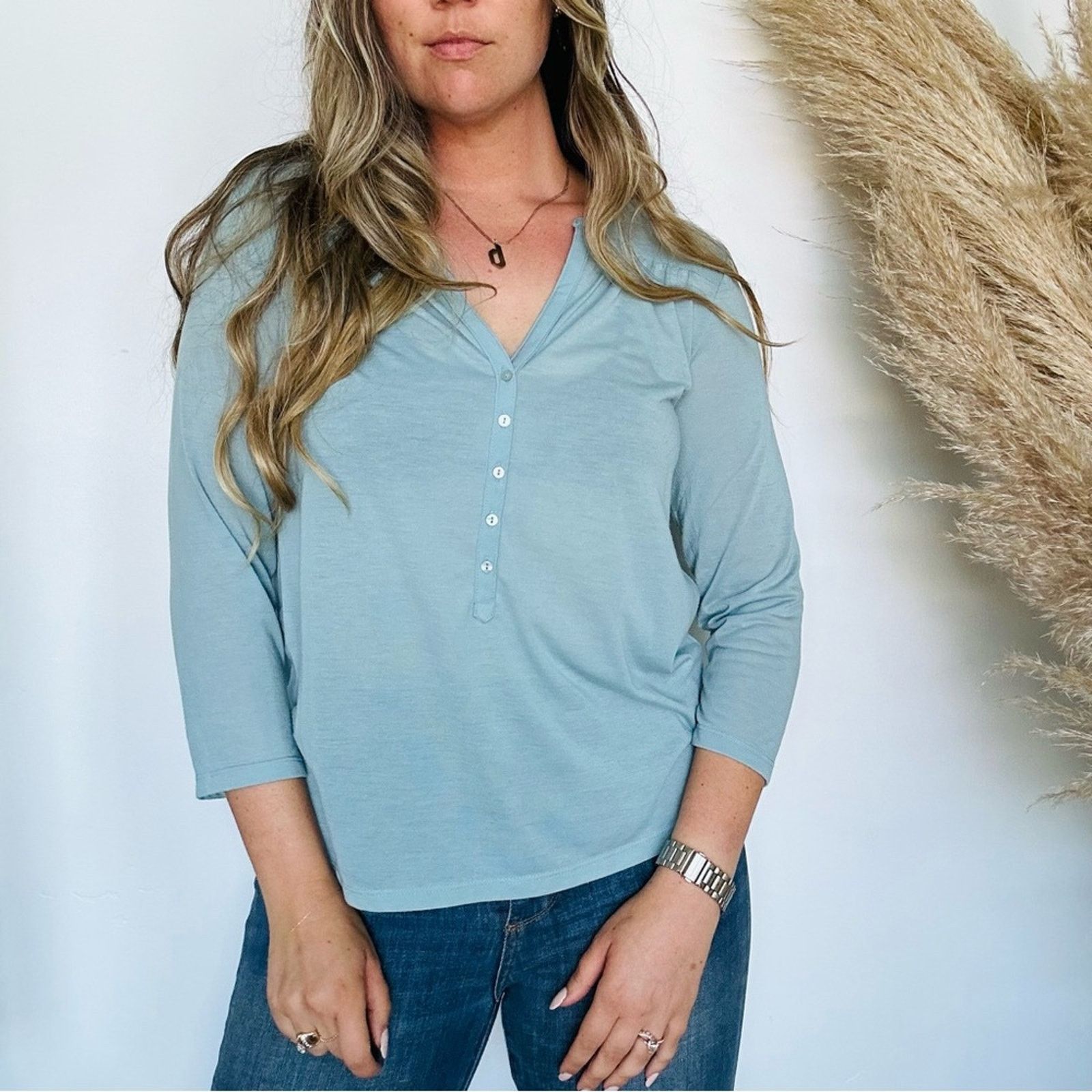 H&M VINTAGE H&M Light Blue Teal Top White Button Blouse Shirt Size M / US 6-8 / IT 42-44 - 9 Thumbnail