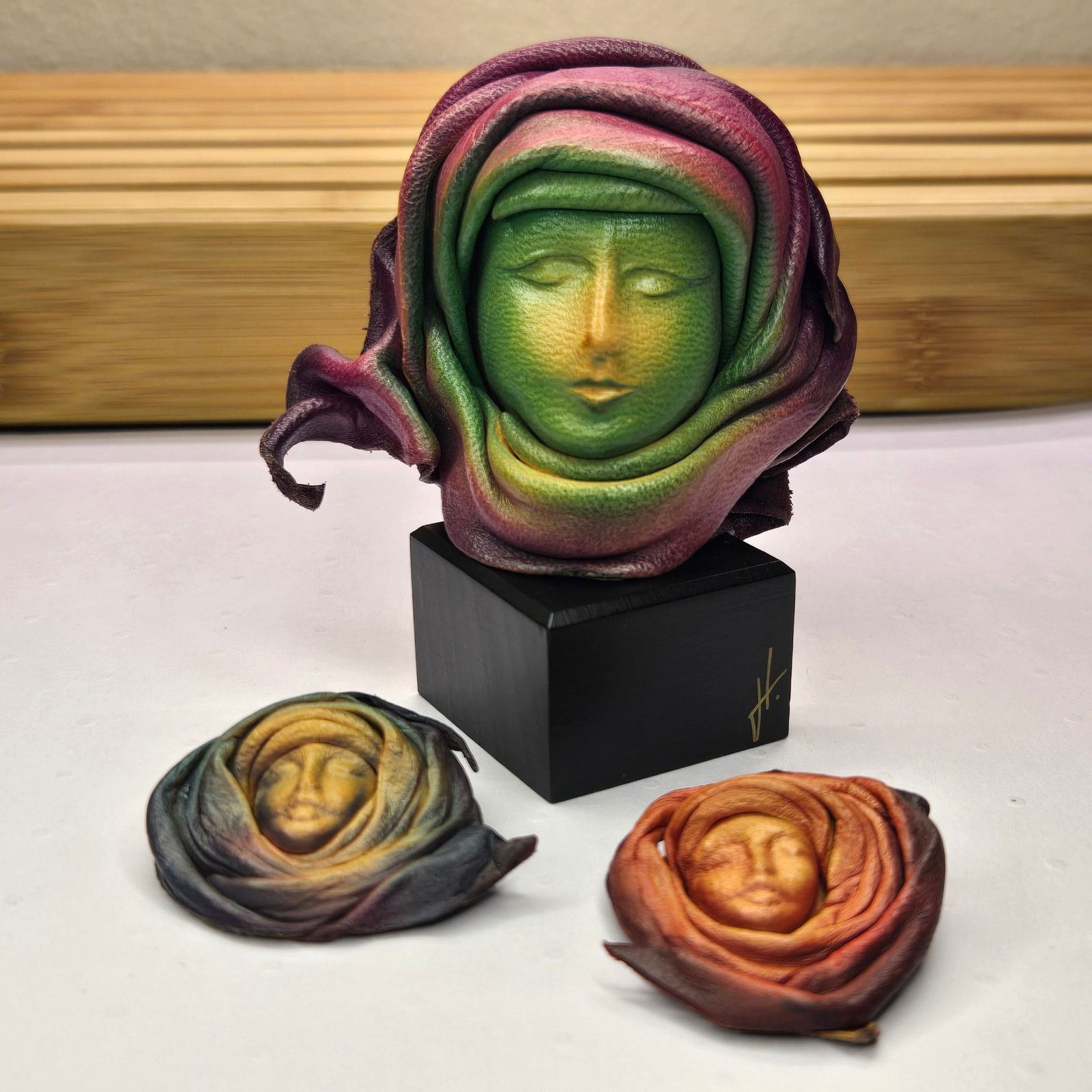 Leather Vintage Signed Sculpted Leather Face Bust & 2 Brooches Set Size ONE SIZE - 1 Thumbnail