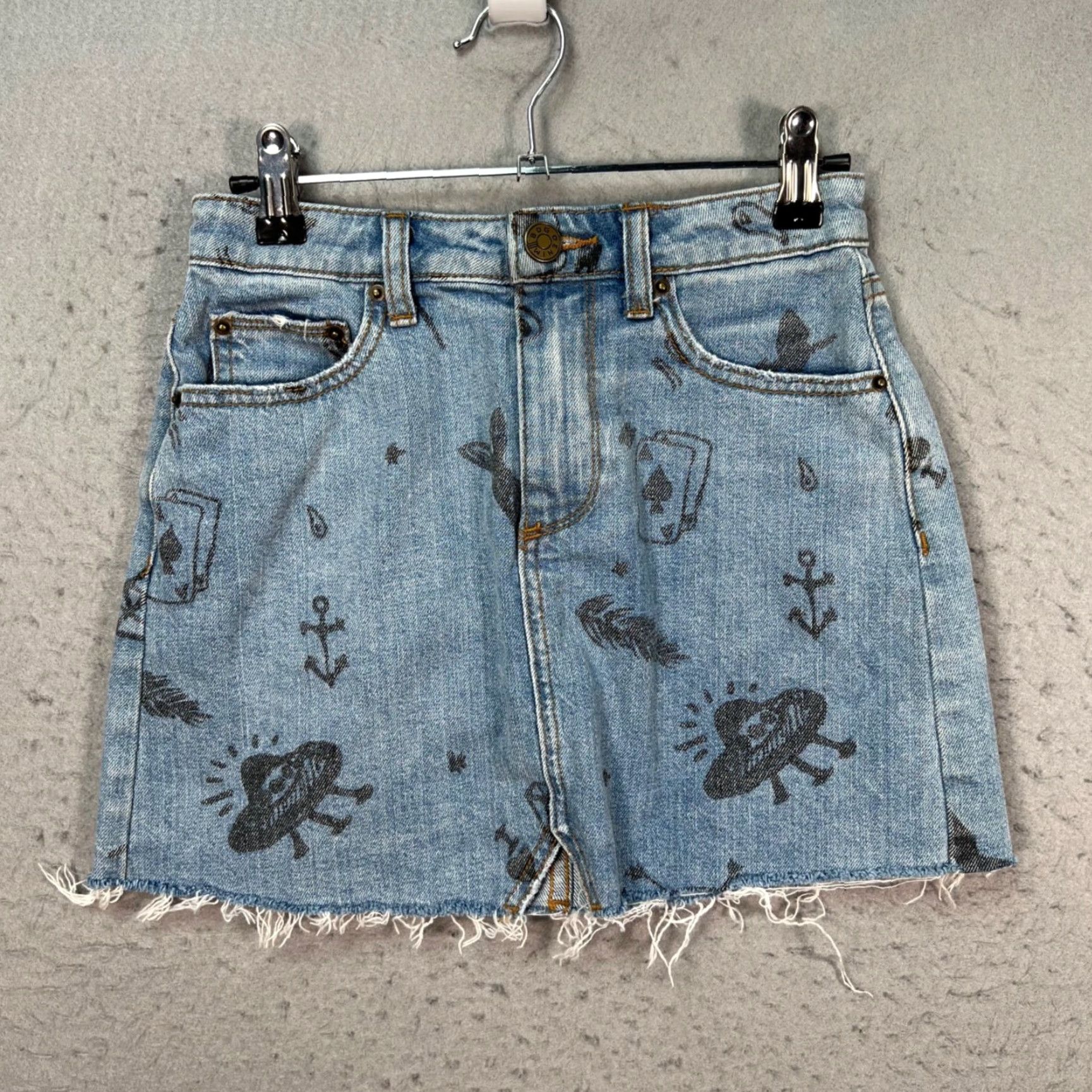 Bdg BDG Womens XS High-Rise Denim Mini Skirt Graphic Print Black Print Raw Hem Blue Cotton Spandex Denim Short Style Mini Skirt Womens XS BDG Size 26" / US 2 / IT 38 - 2 Thumbnail