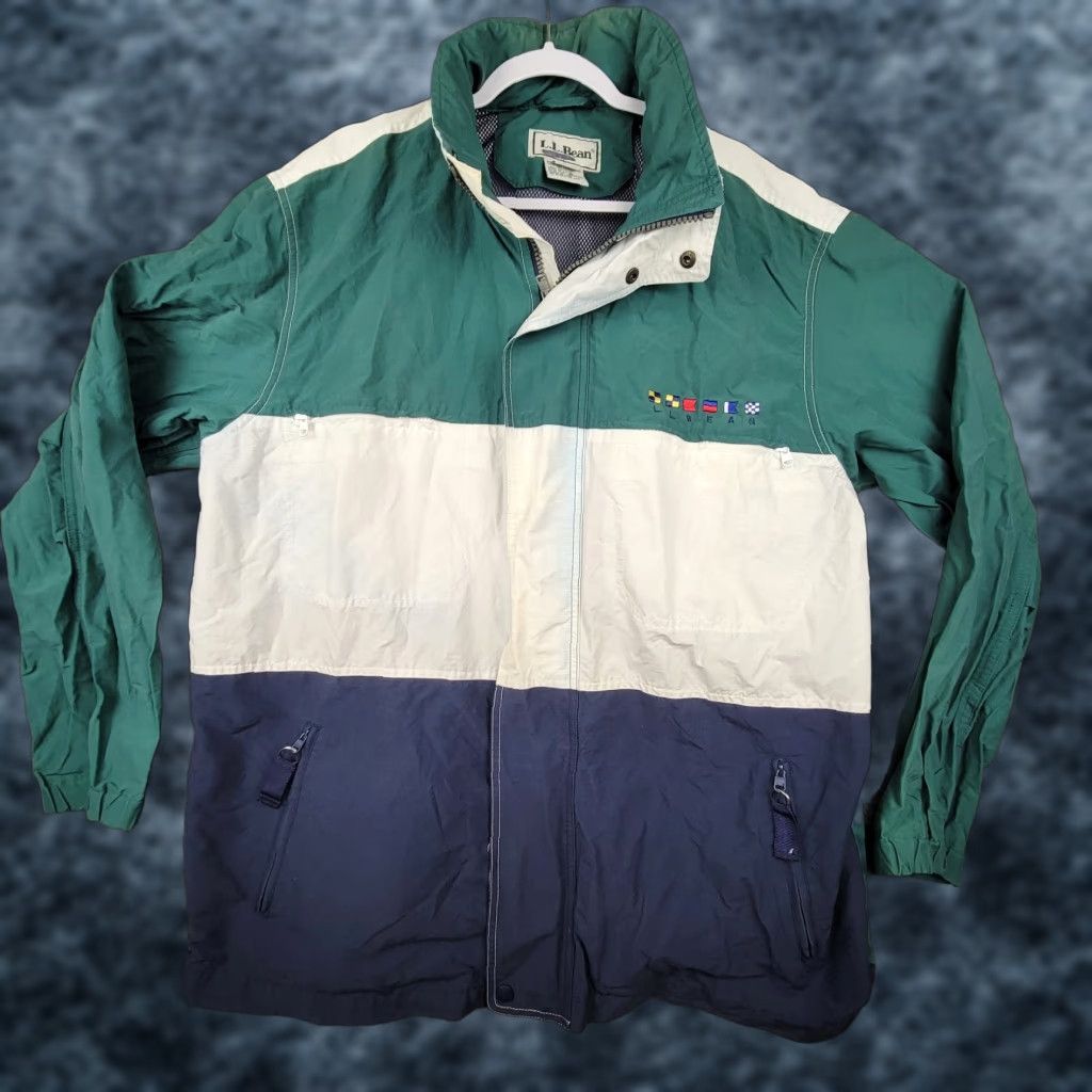 VINTAGE LL Bean Windbreaker Jacket Hooded Multicolor Color Block Big & Tall XL Tall Mens XLT Green White Blue Colorful 90s
