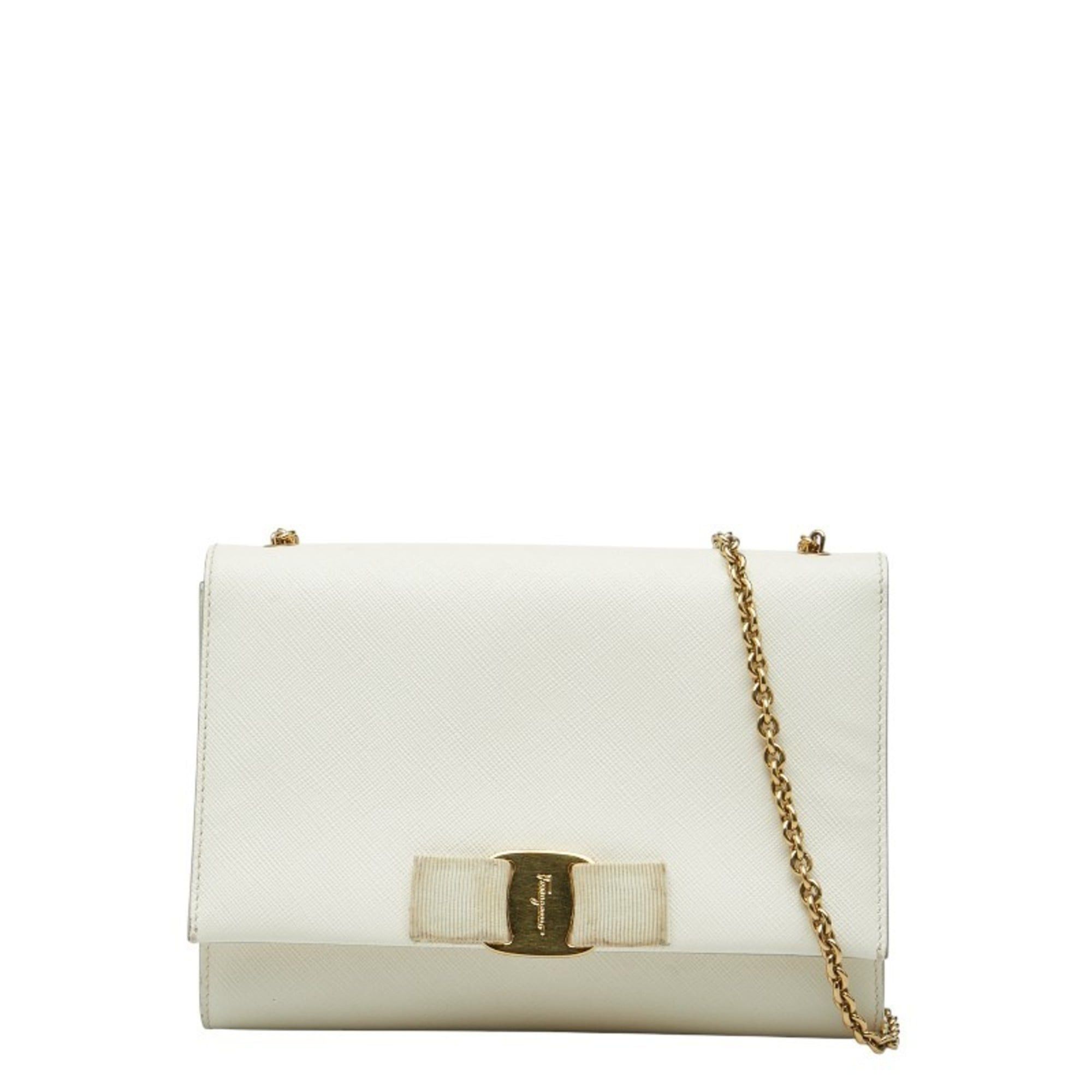 Salvatore Ferragamo Salvatore Ferragamo Vara Ribbon Chain Shoulder Bag AU-22 B558 White/Off-White Leather Women's Size ONE SIZE - 1 Thumbnail