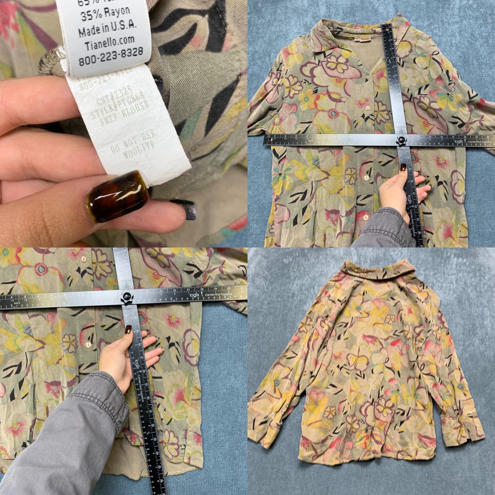 Vintage VTG Tianello Suzy Blouse Womens Medium Gray Asian Floral Button Up Made In USA Size M / US 6-8 / IT 42-44 - 8 Thumbnail