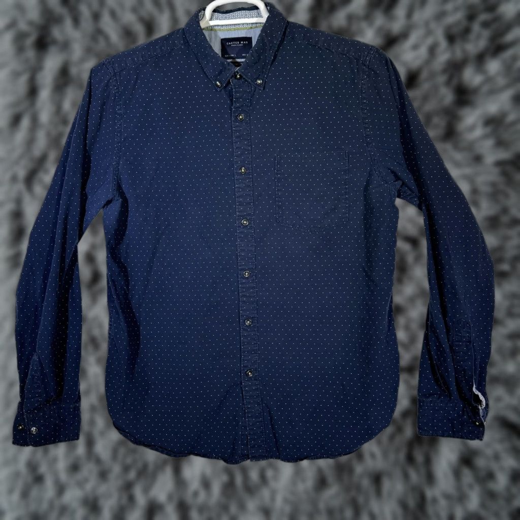 Vintage VINTAGE Cactus Man Shirt Mens Large Slim Fit Button-Down Long Sleeve Polka Dot Blue Dress Shirt Size 42R - 1 Thumbnail