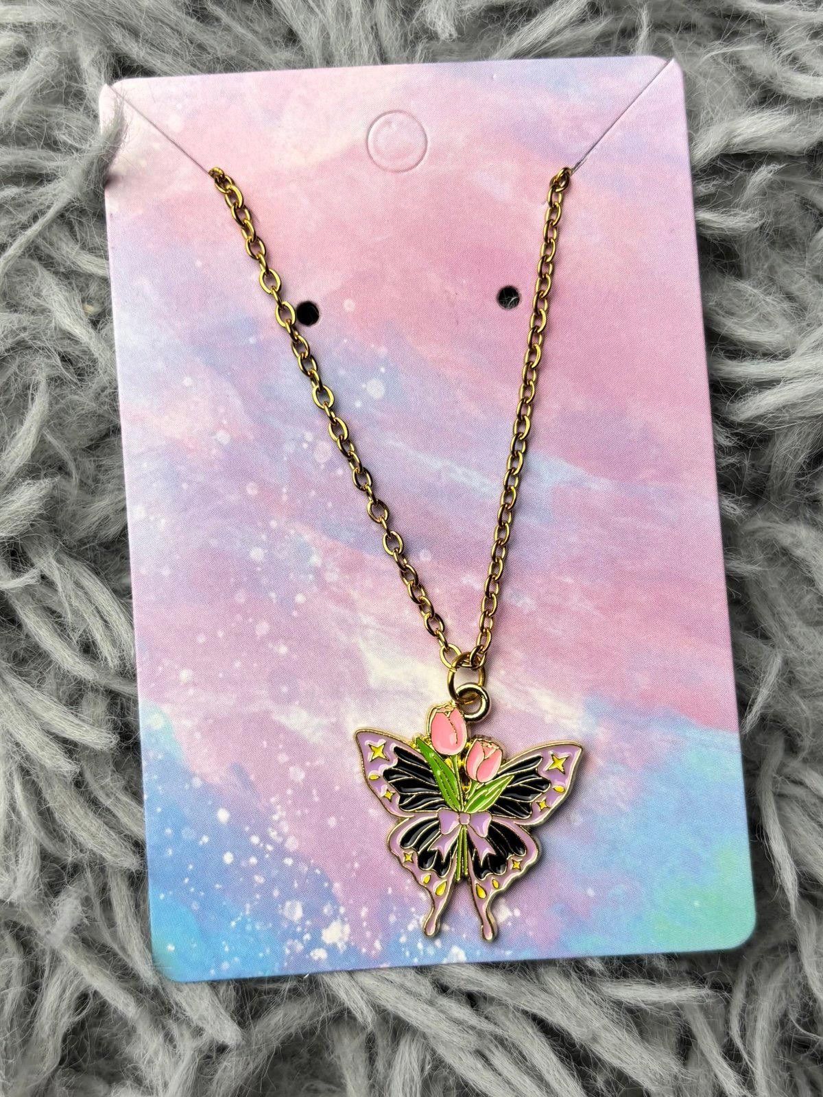 Handmade Butterfly necklace purple black pink flower leaves lilac bow Size ONE SIZE - 1 Preview