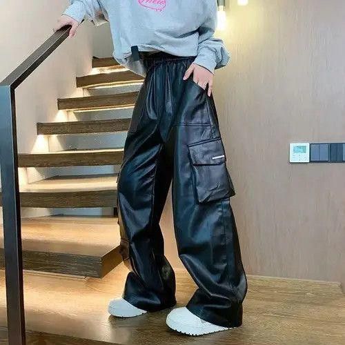 Faux Leather Cargo Black Jeans